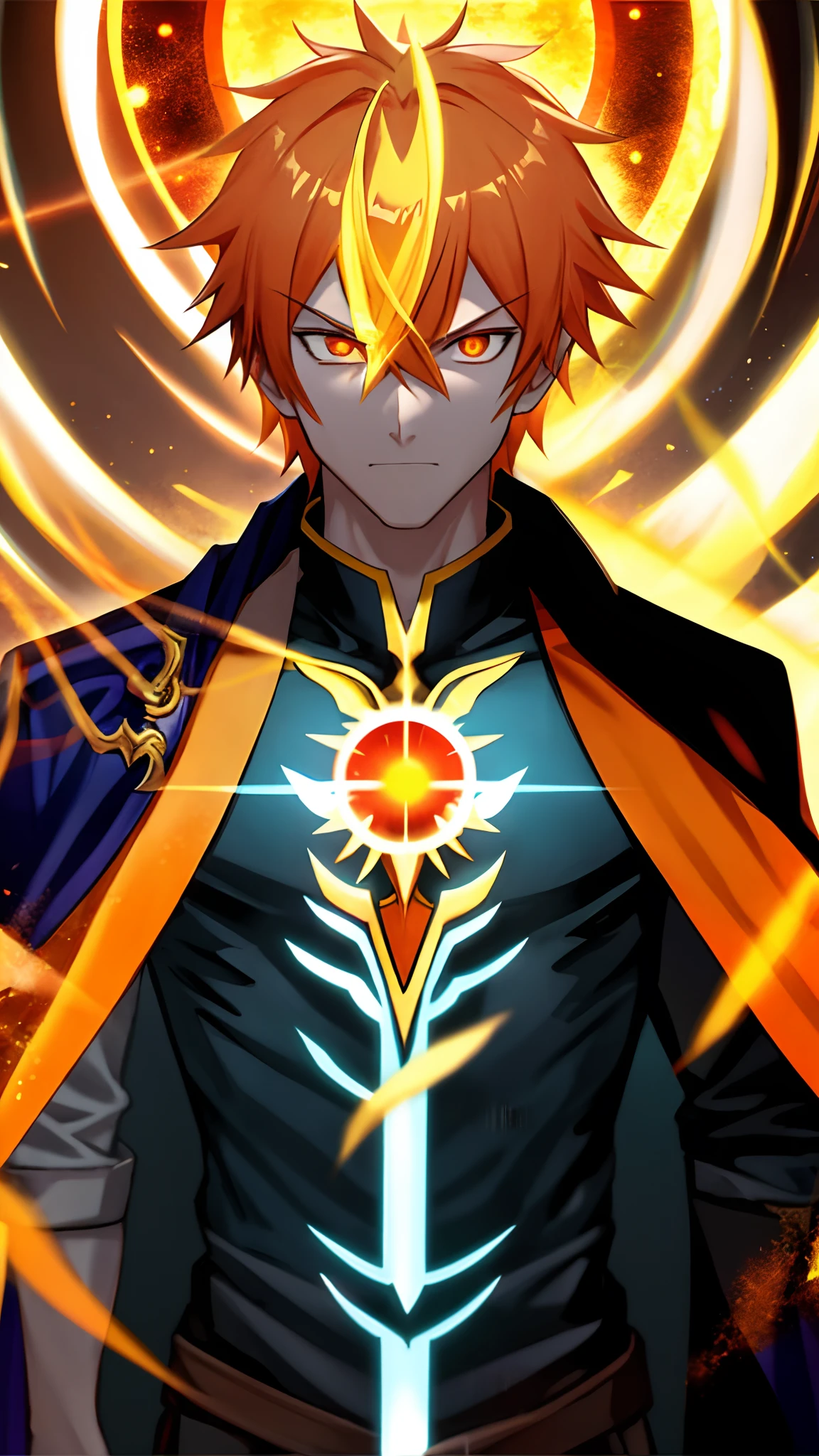 (male:1.2), adult face, symmetrical face, sharp eyes, orange eyes, long yellow orange hair, man with unique power, dream power, (wearing a blue cloak), (glowing_eye: 1.1), alone, energy around him
(anime_style:1.1), (semi-style:1.0), (pixel-style:0.2), (detailed)
(Face_focus:1.2), Close up shot, upper body shot, posing, looking forward,