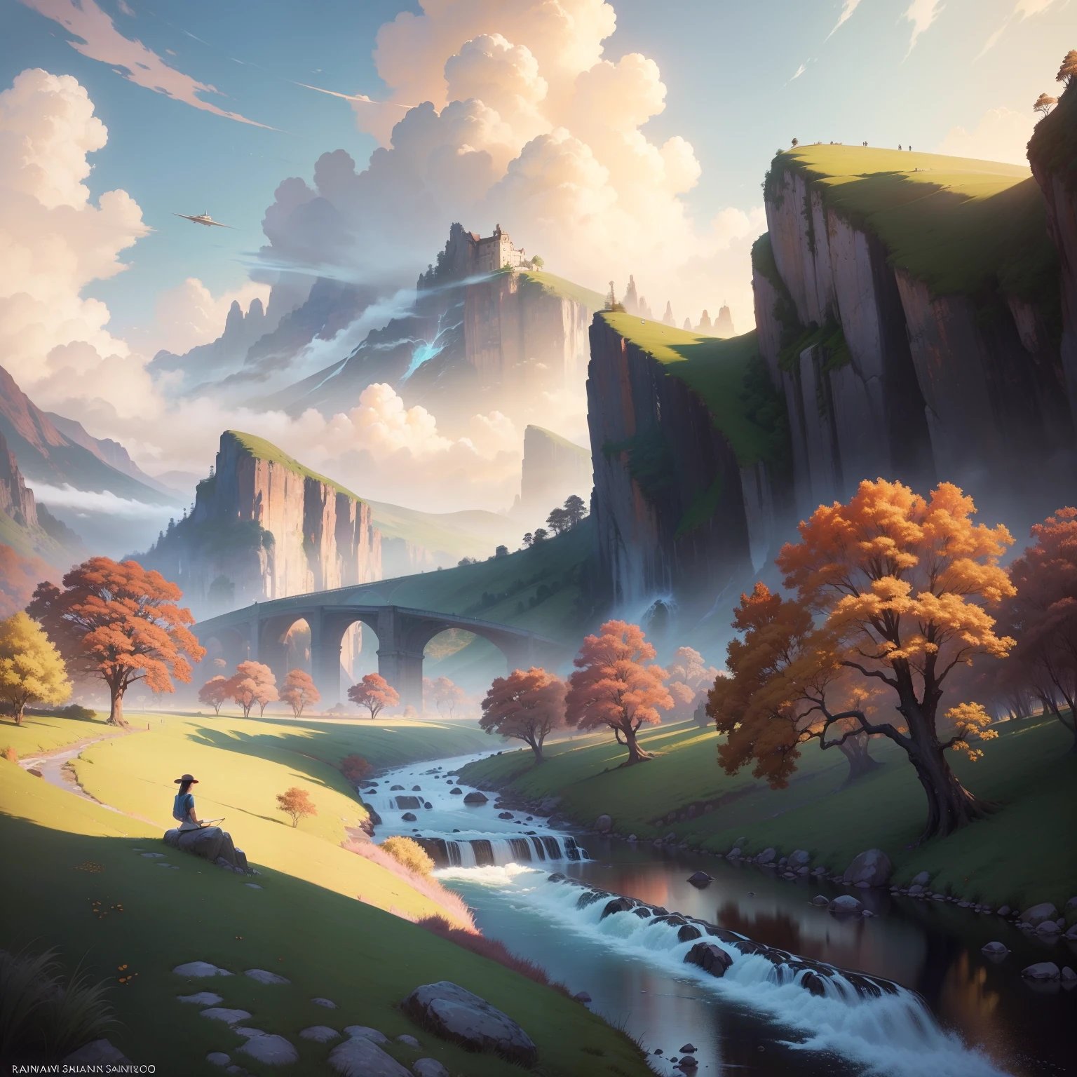 a painting of a landscape with a river running through it, wlop and rhads, ross tran. scenic background, anime countryside landscape, floating lands in-clouds, silvain sarrailh, by Ryan Yee, detailed landscape, rhads and lois van baarle, scenery artwork, scenery art detailed, by Raymond Han, whimsical fantasy landscape art
