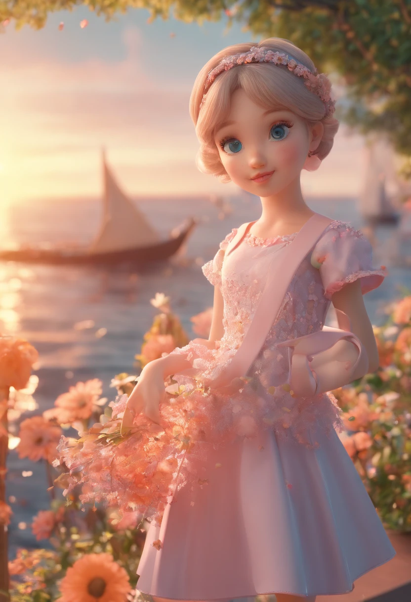 super cute girl IP by pop mart, eyes with brightness, cherub,Small long skirt, Glossy and delicate,Flower sea background, a 3D render