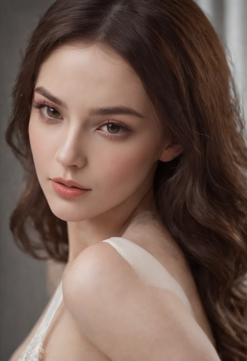 1girl, very seductive pose, she has sharp angular cheekbones, full lips, and a slightly upturned nose. Her eyes are brown large and almond-shaped with a prominent crease, dark brown hair styled in loose waves, medium_breasts,, , wet,, (erotic:1.5),freckles , detailed facial features, high detail, sharp focus, extremely detailed, ultra realistic, photorealism, photograph