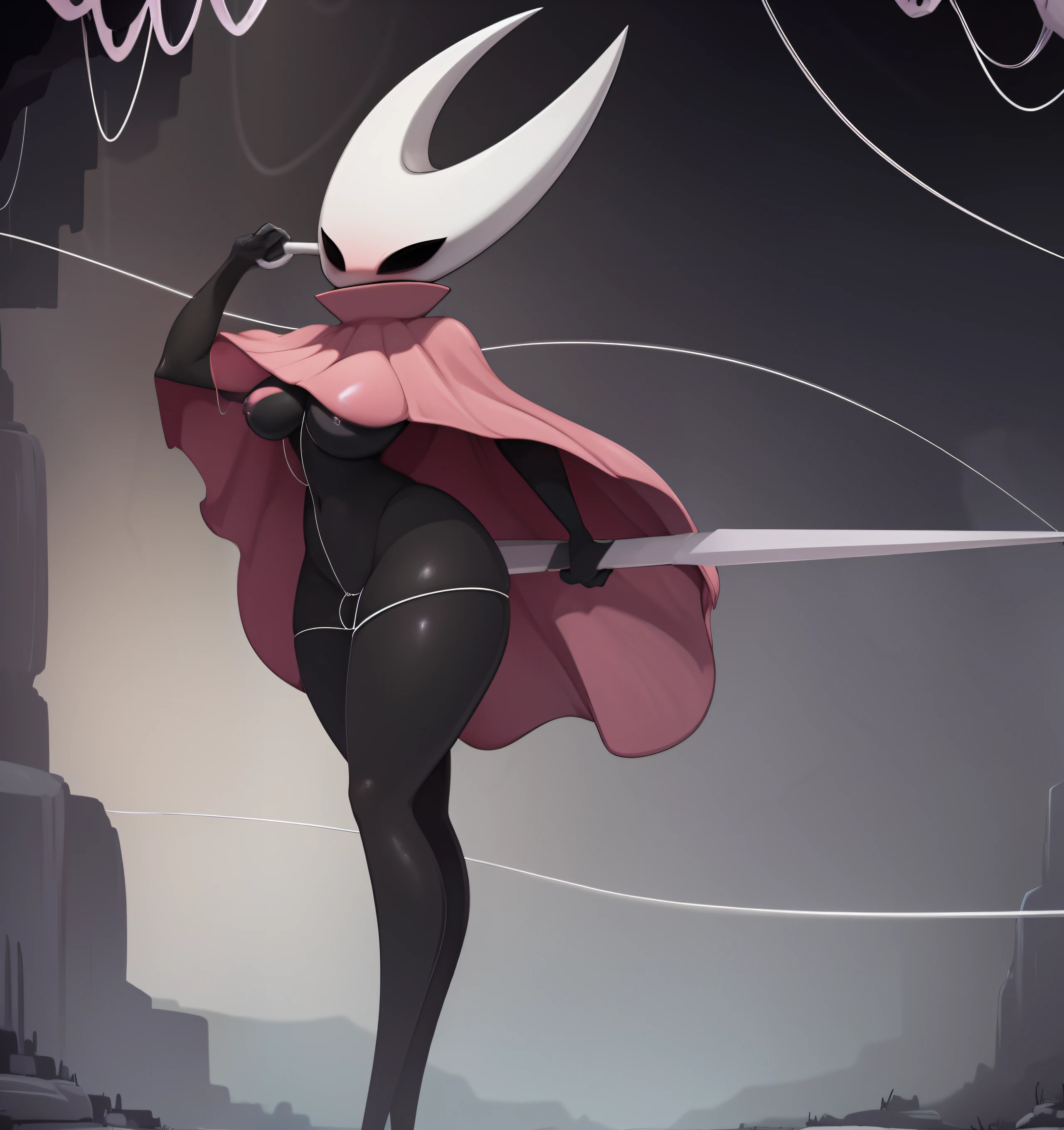 hornet, cute, chibi, no feet, furry female, anthro, needle weapon, thread, standing, solo, red cloak, (best quality), (detailed dark cave background:1.2), looking at viewer, holding weapon, flat colors, nsfw, flashing boobs, pink nipples