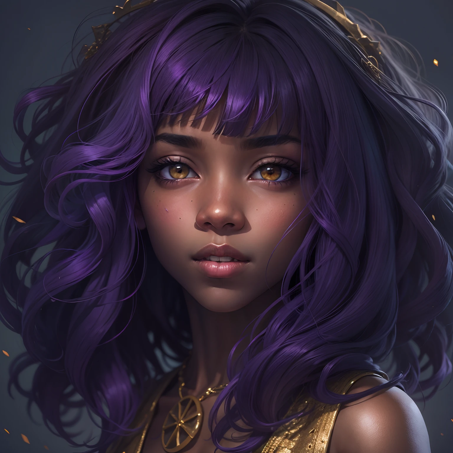 Black girl, purple hair, looking at viewer, medium body, medium hair, gold eyes