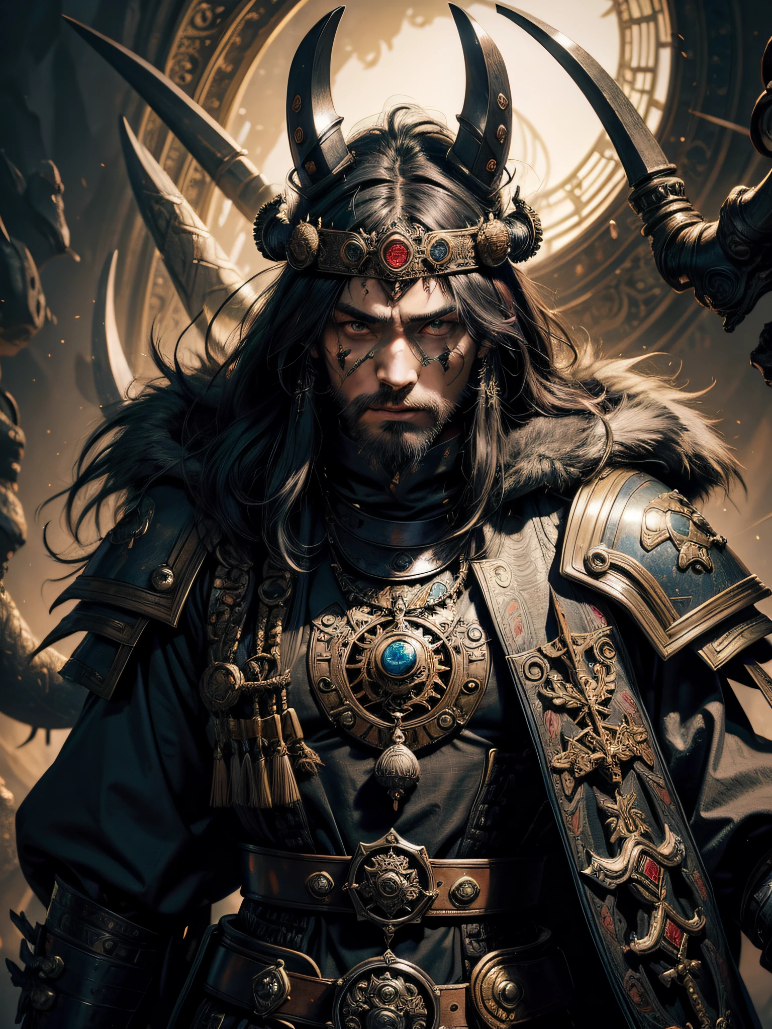 A man in samurai armor with fur around his neck and waist, Wearing the Devil's Helmet, Dusty details of ornaments, The battle is tired, male warrior, bronya, Epic, scar on face, Portrait of the DND character, Intricate, 8K resolution, dinamic lighting, hyper-detailing, Unreal 5, voluminous lighting, Alphonse Mucha, Pre-Raphaelites, Detailed background, a Mandala, Detailed Face, A detailed eye, neon eyes