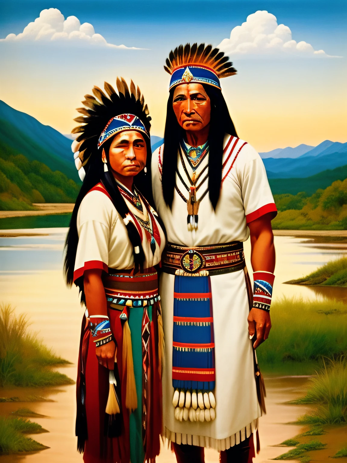 arafed native american couple standing in front of a river, : native american shamen fantasy, native american art, ( art fitzpatrick ), native american, inspired by George Catlin, full color illustration, by David B. Mattingly, native art, indigenous, indian, full color digital illustration, native american warrior, amazon indian peoples in brazil, indian warrior