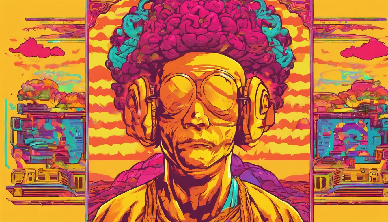 Nostalgia 90s marker art -a person meditating, that person's brain is glowing golden, that person's heart is highlighted, streetwear design, pro vector, full design, solid colors, warm colors, bright colors on white background