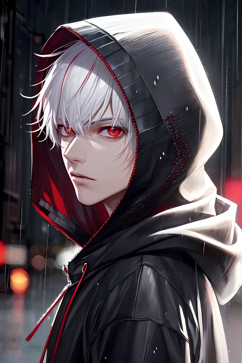 kk, best quality, more details, masterpiece, 1boy, kaneki ken, portrait, male focus, red eyes, solo, bangs, looking at viewer, hood, short hair, rain, tokyo tokyo \(city\), hood up, nail polish, white hair, luxurious, 8k, detailed, ray tracing, depth of field, cinematic lighting,