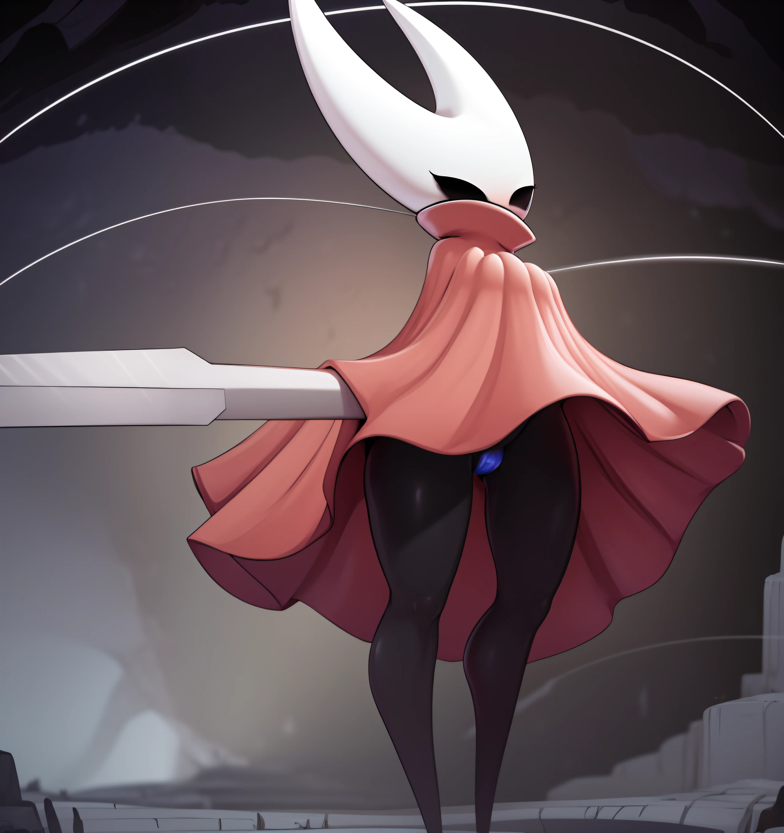 hornet, cute, chibi, no feet, furry female, anthro, needle weapon, thread, standing, solo, red cloak, (best quality), (detailed dark cave background:1.2), looking at viewer, holding weapon, flat colors, nsfw, flashing boobs, , panties, pussy wedgie