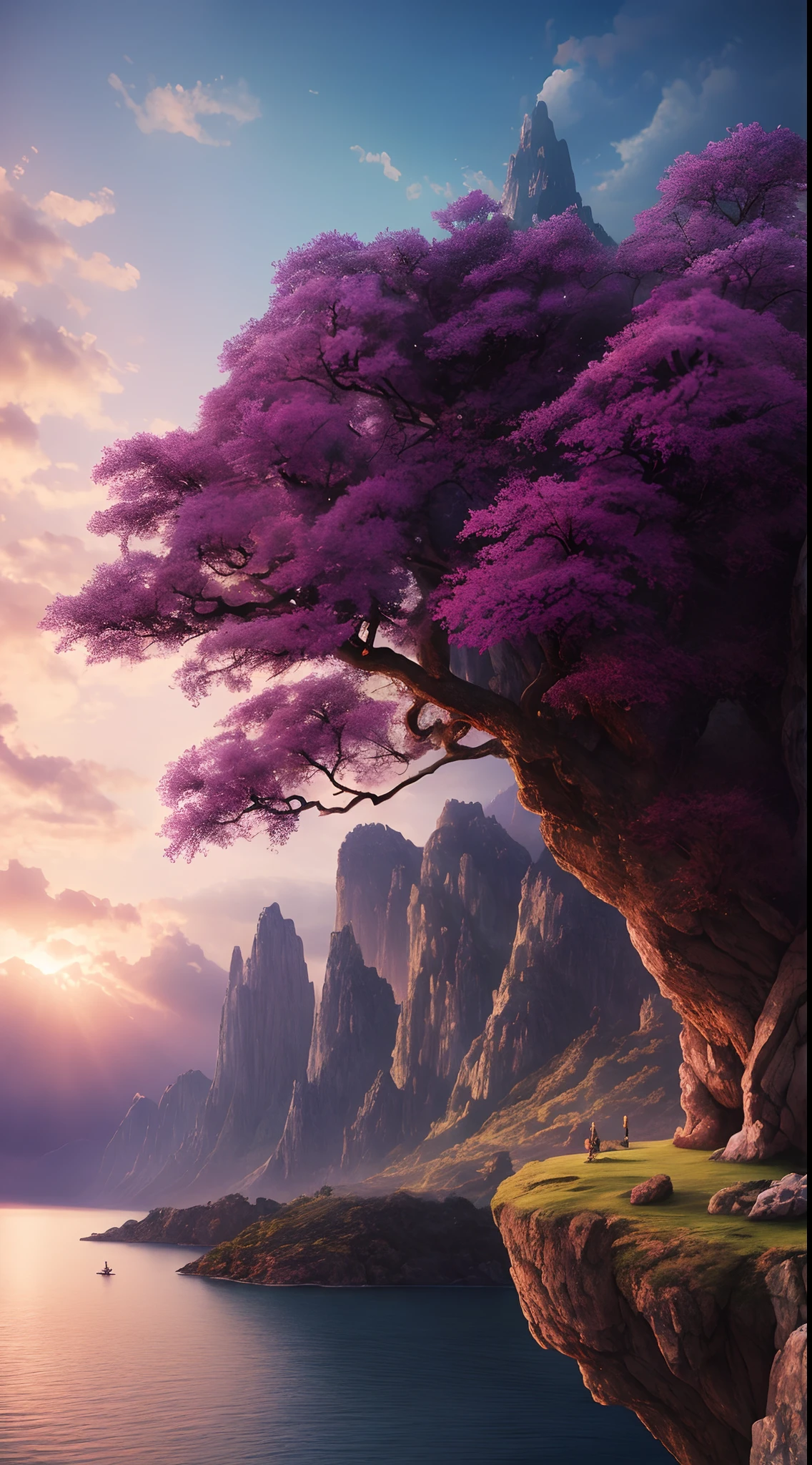 Masterpiece, best quality, high quality, extremely detailed CG unity 8k wallpaper, landscape, outdoor, sky, cloud, sky, no humans, mountain, landscape, water, tree, blue sky, waterfall, cliff, nature, lake, river , cloudy skies, award winning photography, bokeh, depth of field, HDR, bloom, chromatic aberration, photorealism, very detailed, trending on artstation, trending on CGsociety, intricate, high detail, dramatic, midjourney art, twilight, The color of the sky gradually turns purple