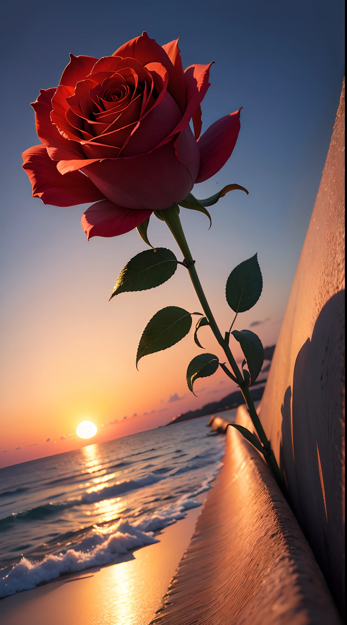 Close-up shot, a rose flower, the background is the gorgeous sunset by the sea, real texture, warm