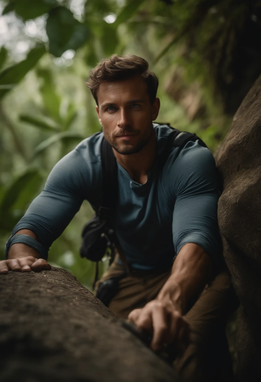 portrait of a man, 28 years old, blue eyes, climbing a mountain, jungle, forest
