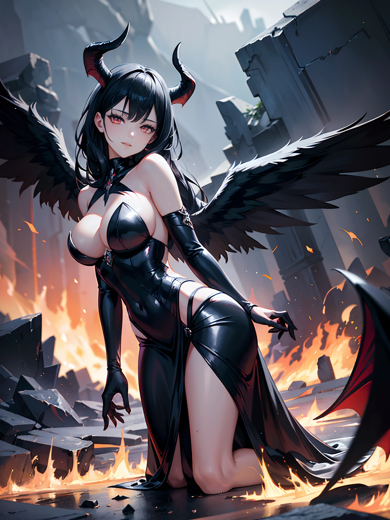 Beautiful woman, black hair, fallen angel on her knees, big black wings in the upper back, 8k, ultra realistic, apocalyptic landscape, very dark atmosphere, hell, lava, fire, maleficent, (cracked skin revealing the fire below)), evil smile, sparks