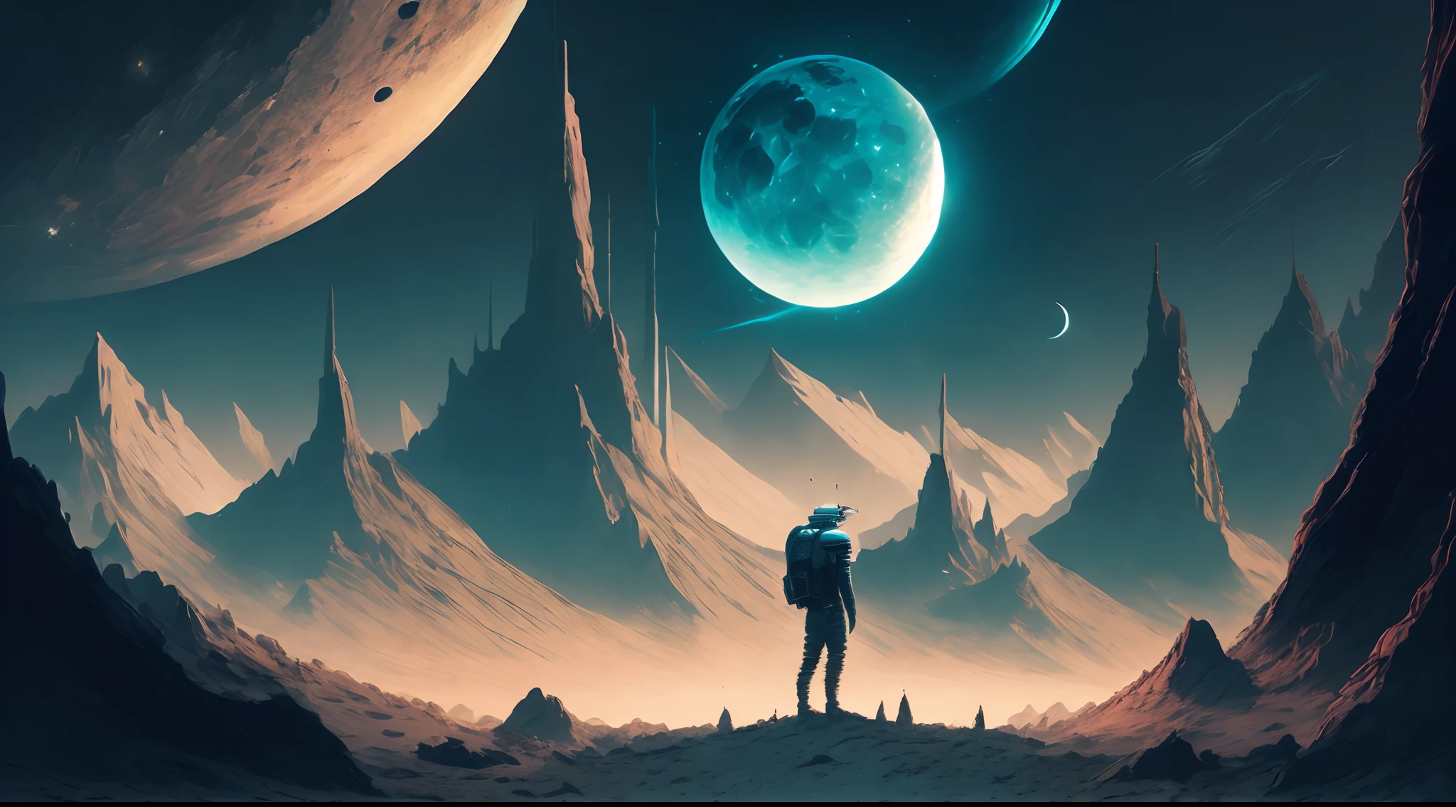 A man with a cap, standing in front of an alien landscape of mountains, rocks and the moon, Christopher Baraskas, with a split door in the sky