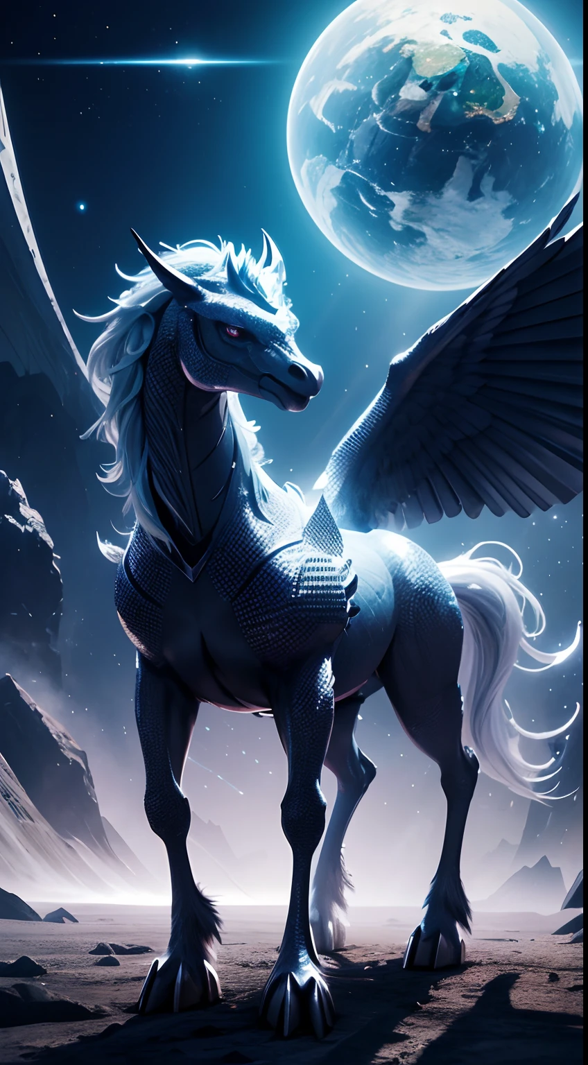 diamond creature, part of pegasus, full body, krystal planet behind, blinking, Animal Anthropomorphism, realistic digital, humanoid, abstract background, global illumination, intricate, epic, dramatic, masterpiece, high detail, best quality, ultra high res