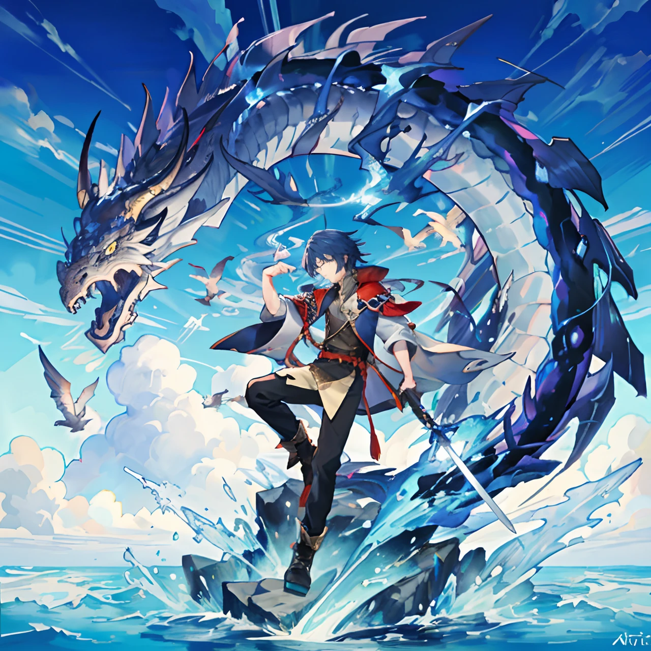 a man next to a dragon with a sword in his hand, human and dragon fusion, arte chave do anime, Arte Oficial do anime, arte chave detalhada do anime, epic anime fantasy, Keqing por Genshin Impact, Arte Oficial altamente detalhada, arte chave do anime, Arte Oficial, arte conceitual visual chave do anime de, Arte Oficial, Okata Kazuto.., Arte Oficial do personagem