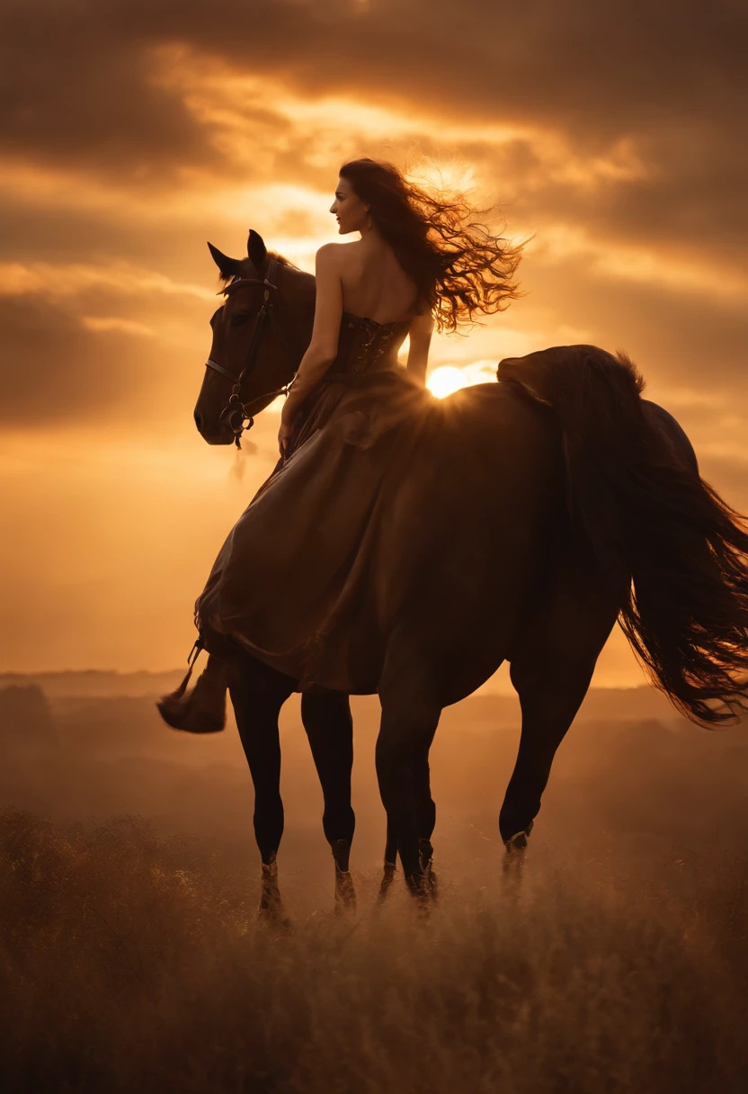 , crie uma imagem de uma mulher anjo de beleza celestial. Ela tem cabelos loiros que fluem como raios de sol, e suas asas brancas e radiantes se estendem majestosamente nas costas. The angel woman is mounted on a majestic black horse, which squeals with force as she gracefully holds an ancient sword in one hand. The golden light of the sky illuminates the scene, highlighting her divine presence and the aura of power that surrounds her. The surrounding scenery is a breathtaking magical landscape, with golden clouds and a horizon that stretches as far as the eye can see, Creating an atmosphere of epic and adventure."