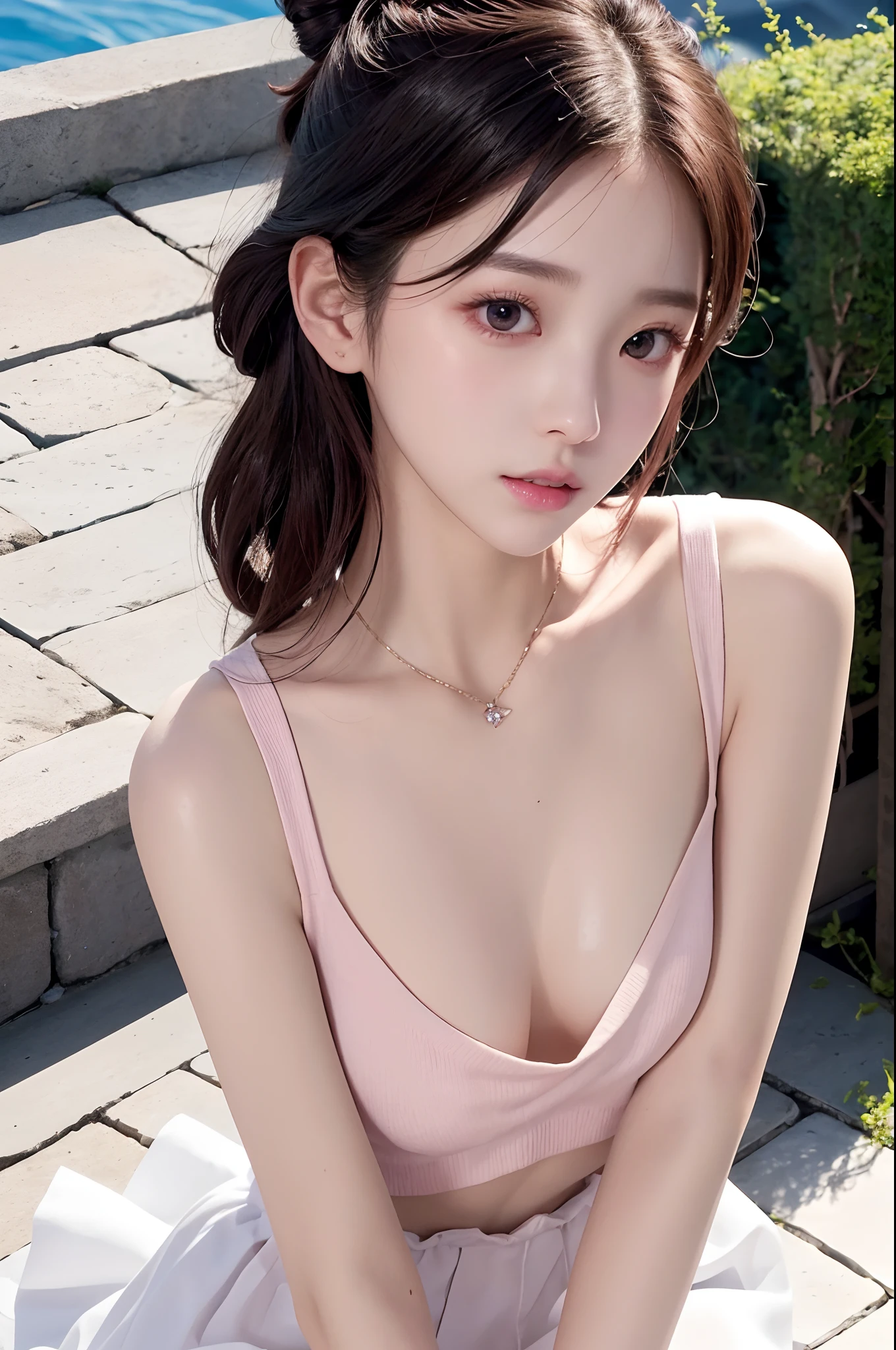 8k、RAW Photography、top-quality、masterpiece、high-definition RAW color photography、professional photograpy、(realisitic、Photorealsitic:1.37)、(High definition skin:1.2)、hight resolution、Beautiful fine eyes、(Hard Focus:1.4)、(foco nítido:1.4)、realisitic、(8K UHD:1.2)、Realistic High Quality Shadows、Lip parting、slender face、(hair wavy)、Half-up top knot、Crown blade、Pink eye color、Suggestively、(Extreme face close-up) 、Gonzo、(((depth of fields)))、pale and shiny skin、Cropped cowl neck sweater、30 generations 10 generations、buruma、On the rooftop、Bokeh、lensflare、(vignettes:0.8)、Dramatic lighting、Cinematic lighting、Contre-Jour、Professional Lighting、physically-based renderingt、ulzzang-6500-v1.1、pureerosface_v1。、Shorthair