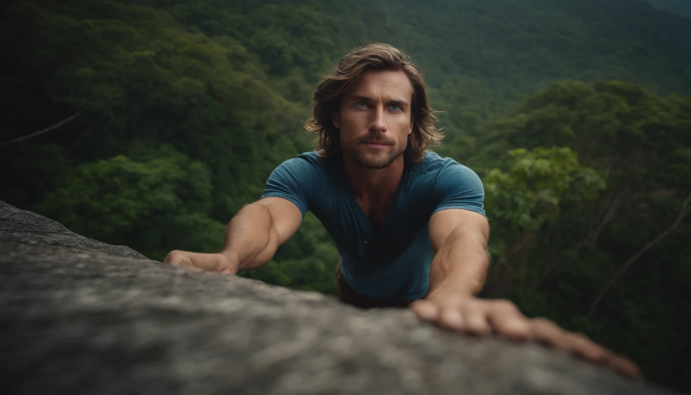 portrait of a man, 28 years old, blue eyes, climbing a cliff, jungle, full body, perspective from above