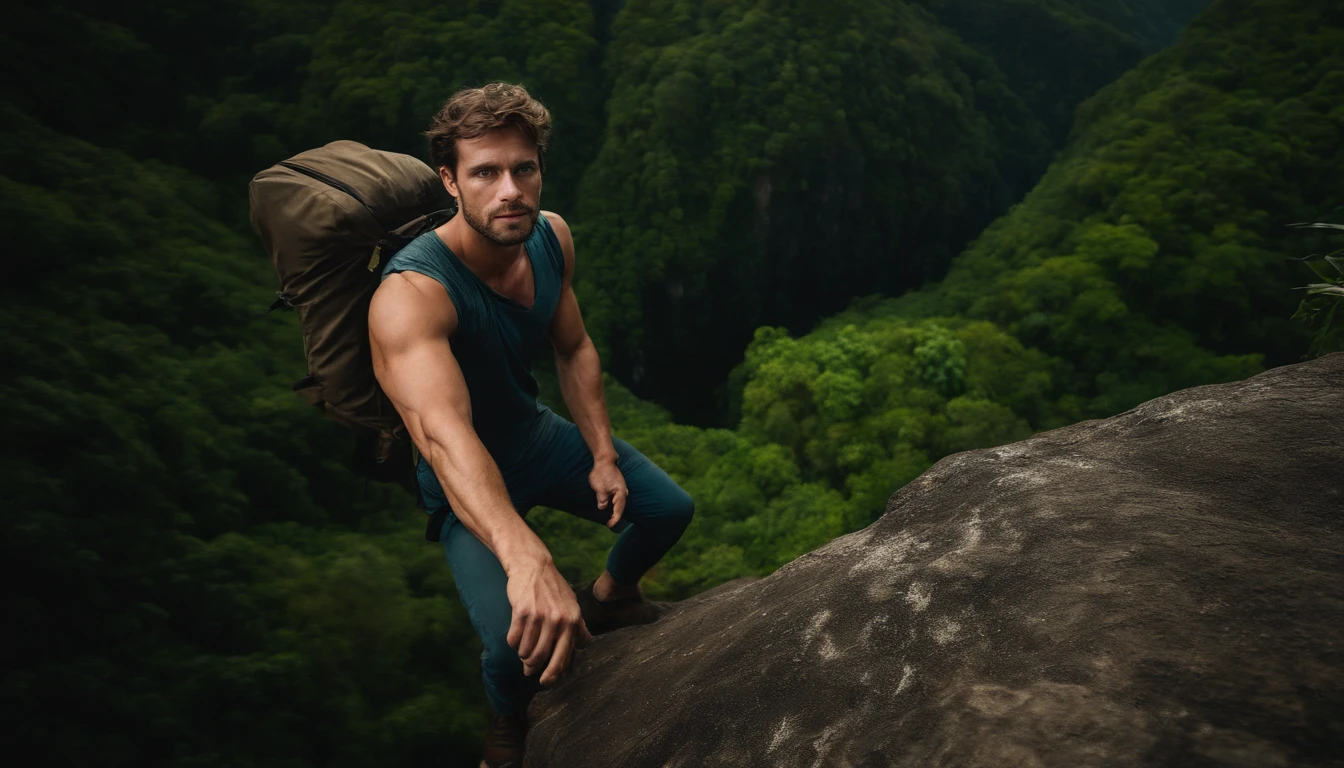 portrait of a man, 28 years old, blue eyes, climbing a cliff, jungle, full body, perspective from above