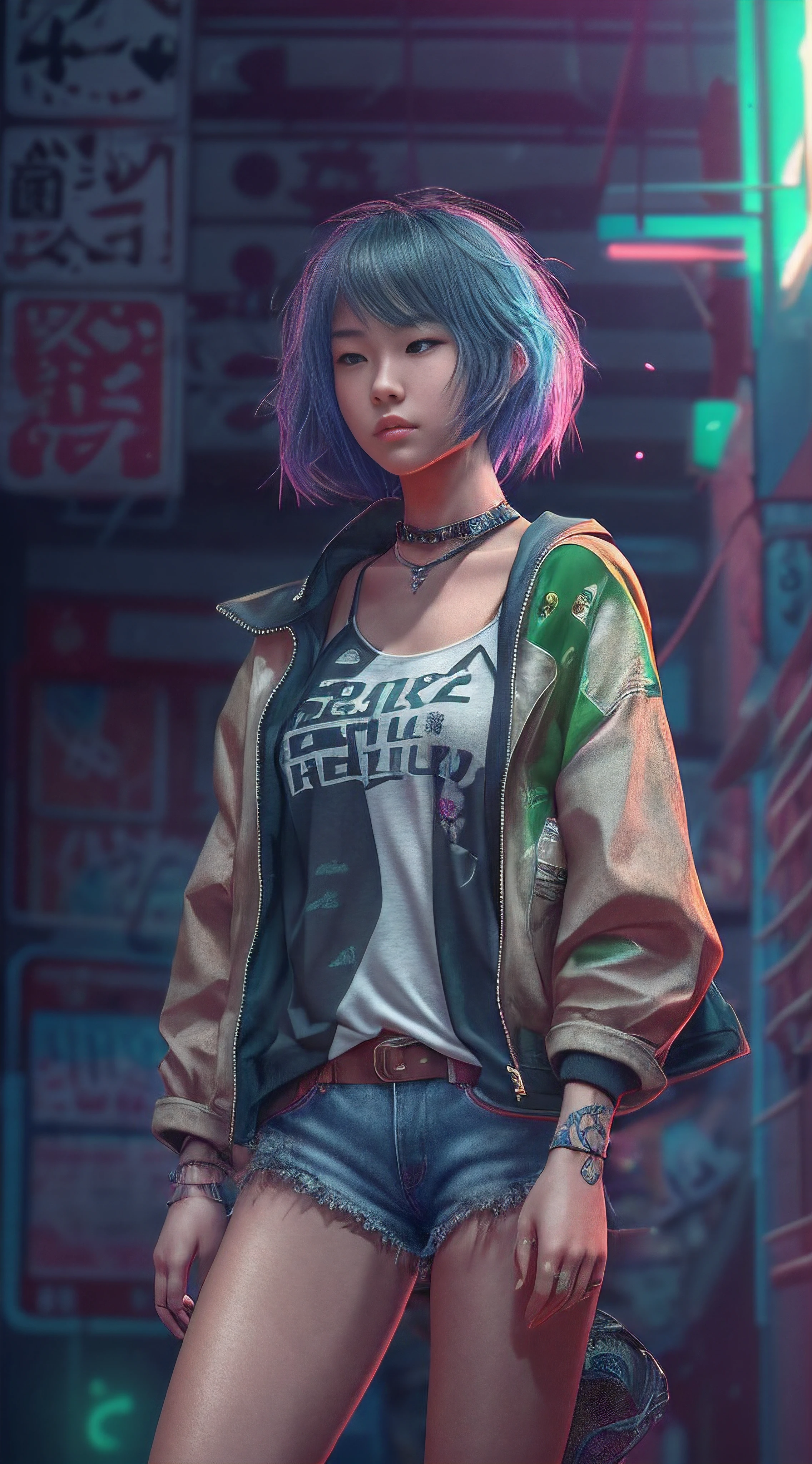 "Artistic Image, The center of this scene is full body portrait a young very beautiful Japanese girl 19 years old is a hacker full length . With a short haircut. Cyber-implants on the face and hands. Cyberpunk tattoos on the neck and arms. In denim shorts. Short boots. Fishnet stockings. In a colorful top with the emblem of a rock band. In a loose light green jacket. Stands full length in the middle of a dirty shirt in a cyberpank city street. Drawing inspiration from Masamune Shirow, the illustration features sharp focus, smooth transitions, and an underlying watercolor aesthetic. The environment is filled with digital screens and neon lights, adding to the cyberpunk atmosphere.", 35mm, Medium Shot, Studio Lighting, Highly Detailed, Octane Render, ultra hd, realistic, vivid colors, highly detailed, UHD drawing, pen and ink, perfect composition, beautiful detailed intricate insanely detailed octane render trending on artstation, 8k artistic photography, photorealistic concept art, soft natural volumetric cinematic perfect light
