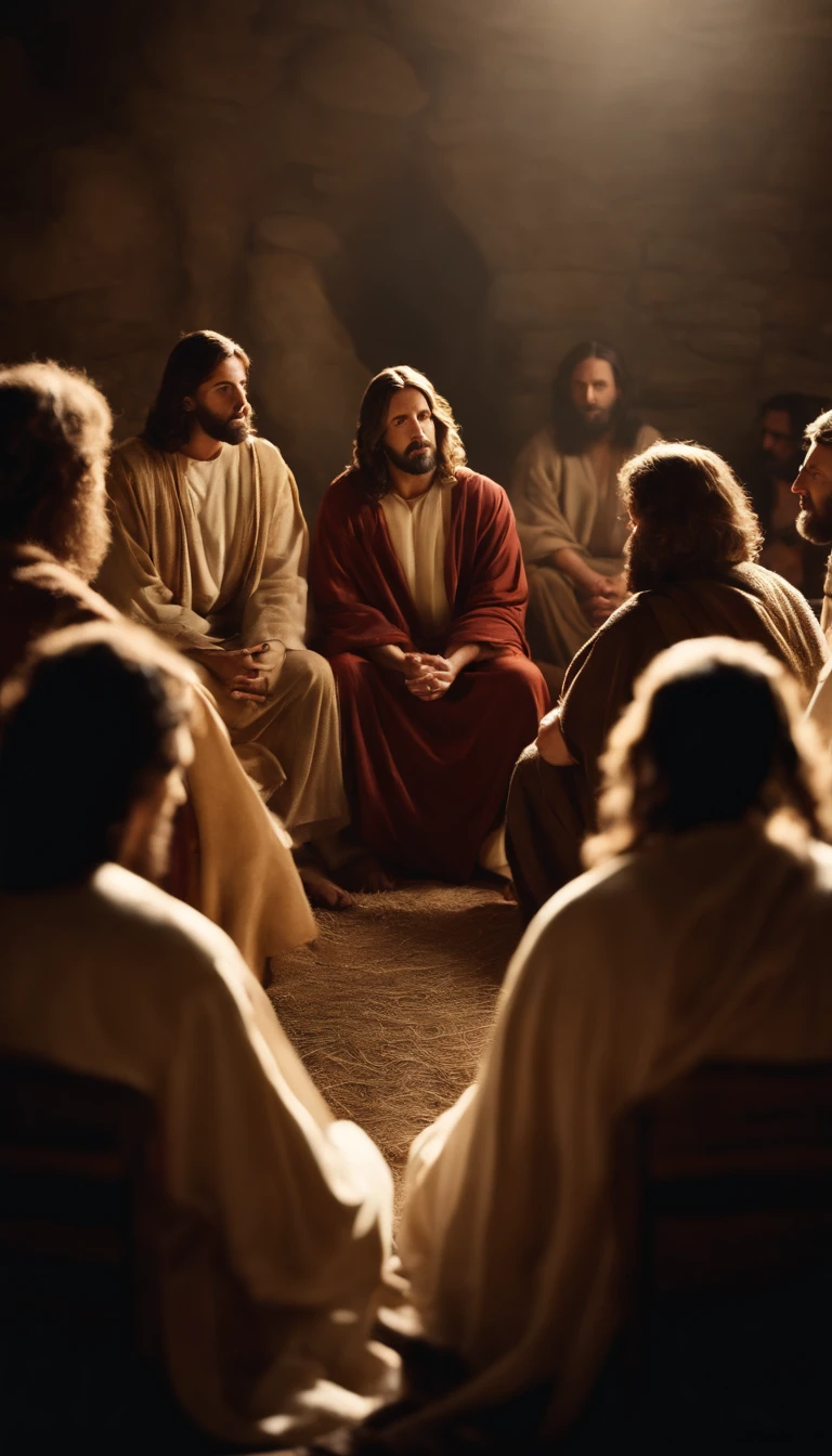 Jesus Christ sitting among His disciples talking