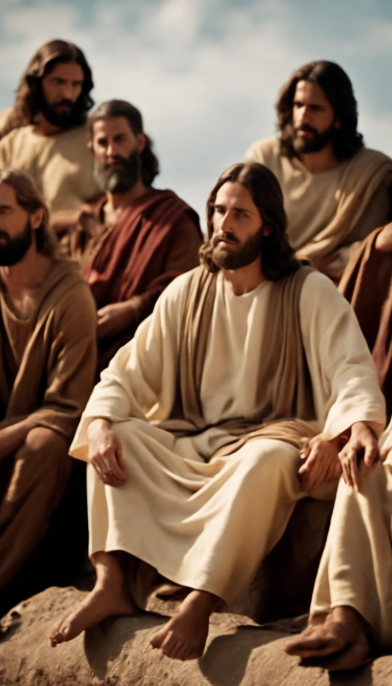 Jesus Christ sitting among His disciples talking