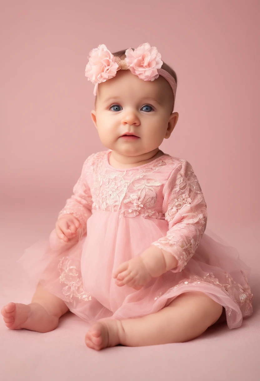 A beautiful 1--old orn with brown hair, dark brown eyes, wearing a pink dress
