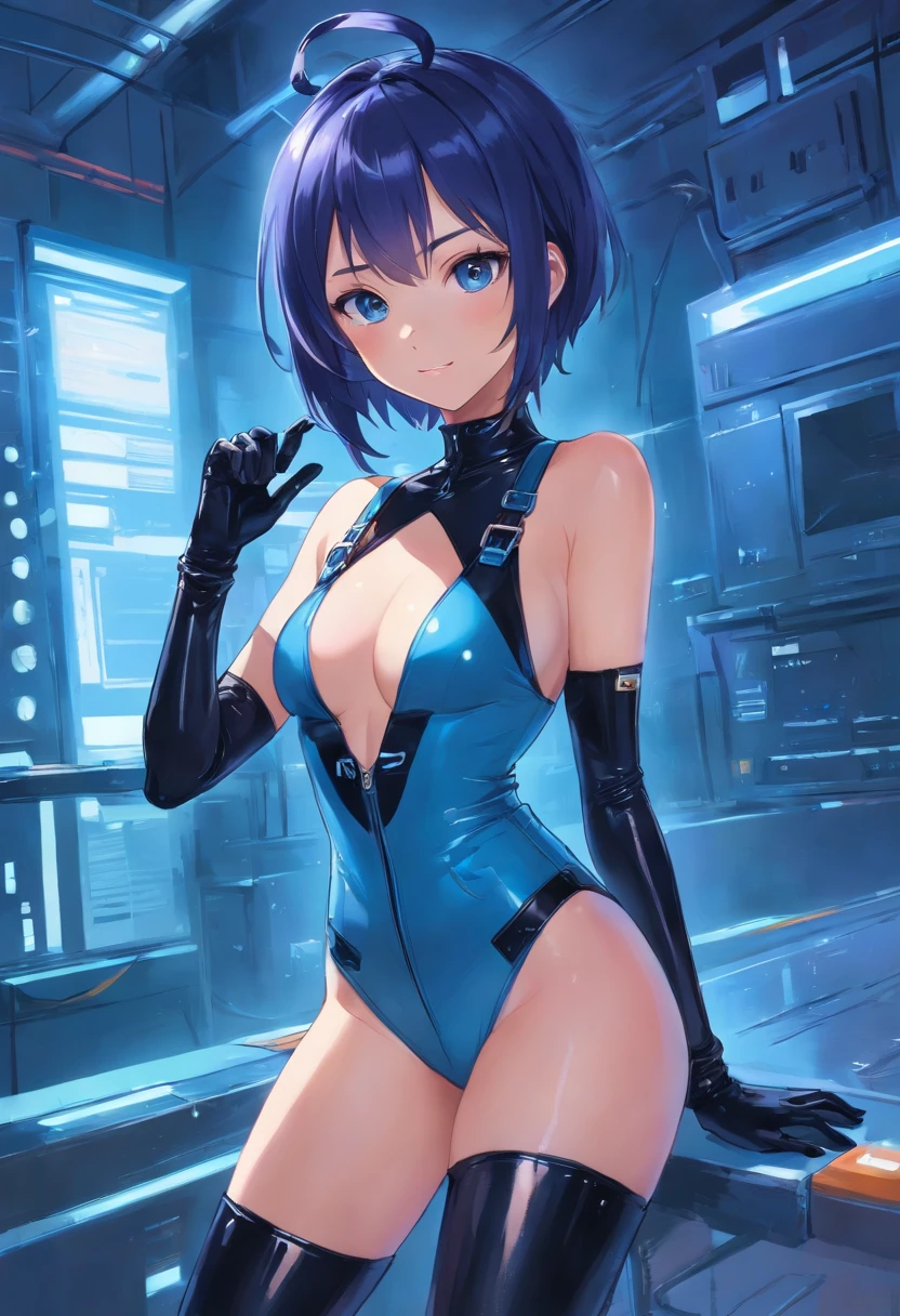 1girll， Solo， Auf den Beinen stehenGolden Augen Mechanische Teile， terroristisch， Sci-Fi， Ein futuristisches， Hintergrund innen dunkel， Neonlicht， Cyber Punk Perssonage， hyper realisitc， unheimlich， nervenaufreibend， schaurig， terroristisch， Strampler，blaue Augen，Besessenheit von Gift，blackened，lange blaue Handschuhe，Overalls，Thin one-piece latex clothing，Highlight her gorgeous figure,Wrap the whole body，Symbiont，（（Sexy erzogen）），Strampler，blaue Augen，Besessenheit von Gift，blackened，lange blaue Handschuhe，Overalls，Schwarze Latexkleidung，blaue Augen，best quality, high resolution, Ultra-detailliert, Lebendige Textur, Maske, Thin one-piece latex clothing, Pony, blaues Haar，Socken tragen，blackened，Shrouded in black slime,ein trauriger Gesichtsausdruck,Verabschieden Sie sich vom Blick，roter Mantel,lange Wimper, Solide , easy smile, Ohren-Rouge, Helblond Haar, Haare zwischen den Augen, sexy cute smile hot best quality, high resolution, Ultra-detailliert, Lebendige Textur, plump breasts