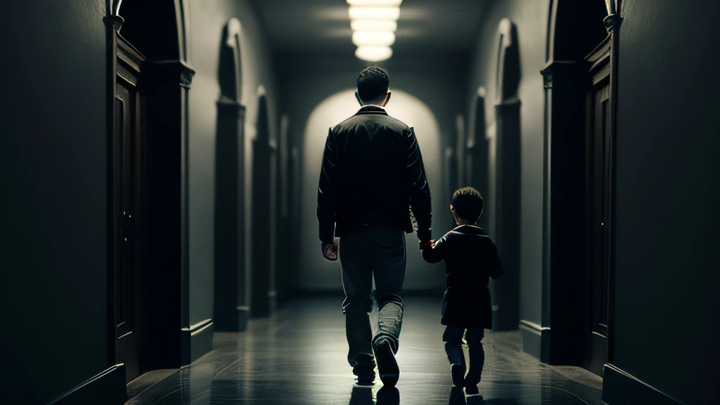 A man leads a young boy by the hand, into a large dark room, at night