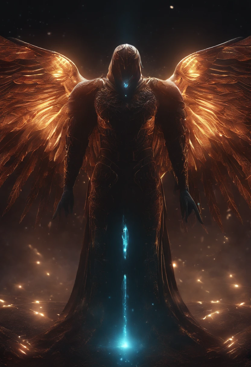 Cosmic Fallen Angel, glowing light eyes, Biomechanical, eerie, Creepy, nightmarish, Very bright colors, Light particles, with light glowing, Mshiff, wallpaper art, UHD wallpaper