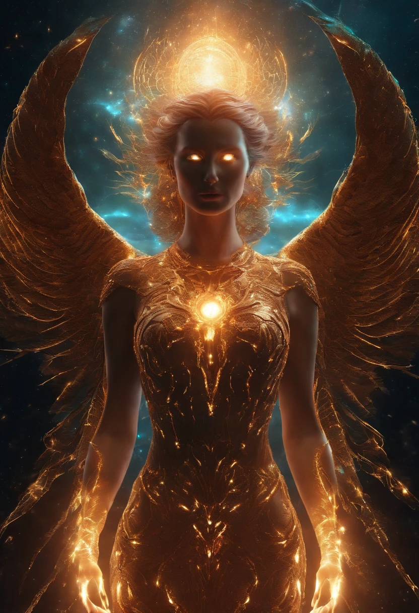 cosmic fallen angel, olhos claros brilhantes, Biomechanicals, estranho, assustador, Pesadelo, cores muito brilhantes, light particles, com luz brilhante, Mshiff, Arte do papel de parede, Papel de parede UHD