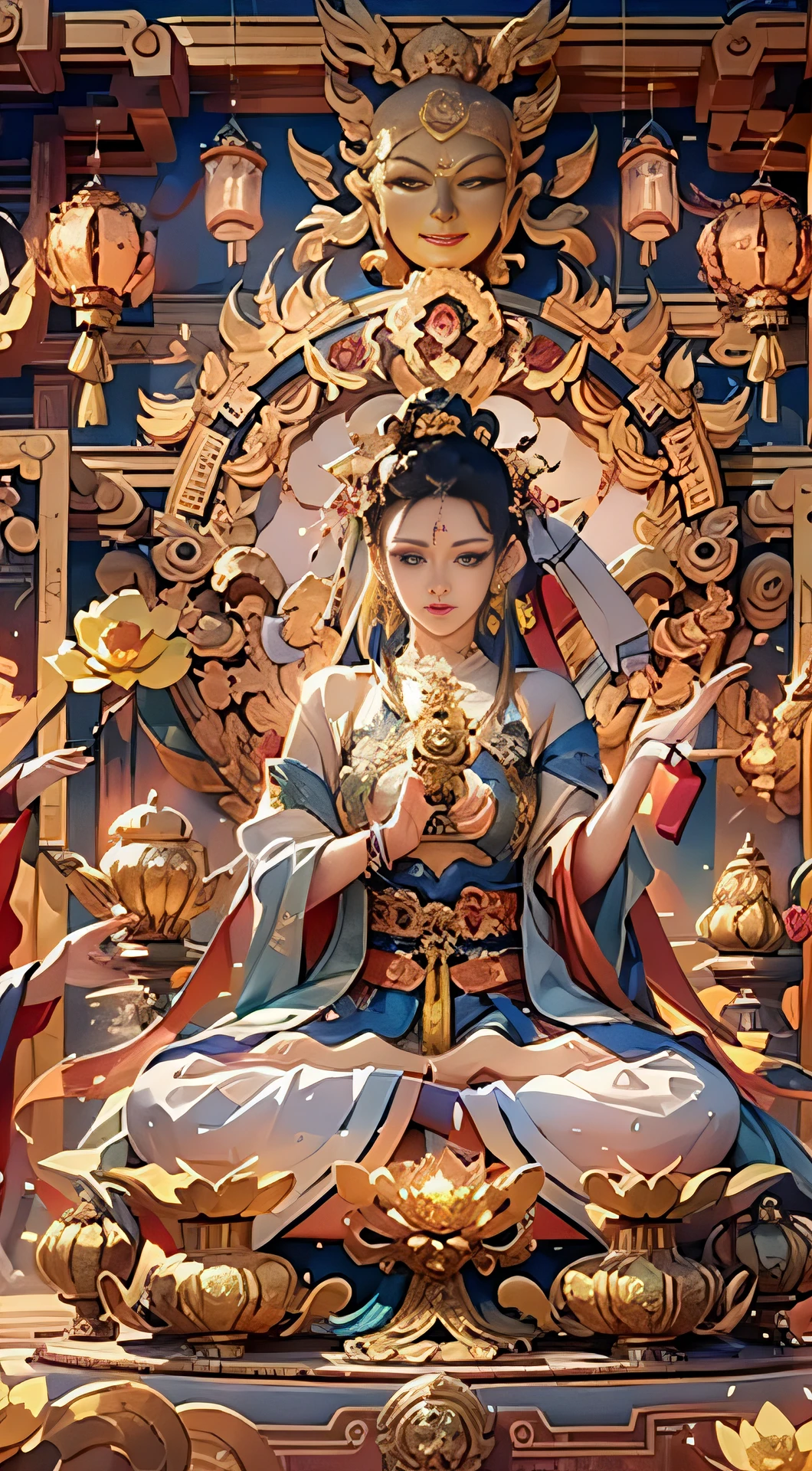 (Chinese immortals), (Buddhism), Multip_Hands,(mythological stories), (bodhisattva), She sits on a lotus, (Three hands on the left,Three hands on the right, Each hand holds a different Buddhist vessel, left right symmetry),(Delicate and beautiful face), (White silk robe)sitting on a lotus flower, Frontal photo,Light smile, neo-classical, OP Art, Chiaroscuro, Cinematic lighting, god light, Ray tracing, character sheets, projected inset, first person perspective, hyper HD, Masterpiece, ccurate, Textured skin, Super detail, High details, High quality, Award-Awarded, Best quality, A high resolution, 8K
