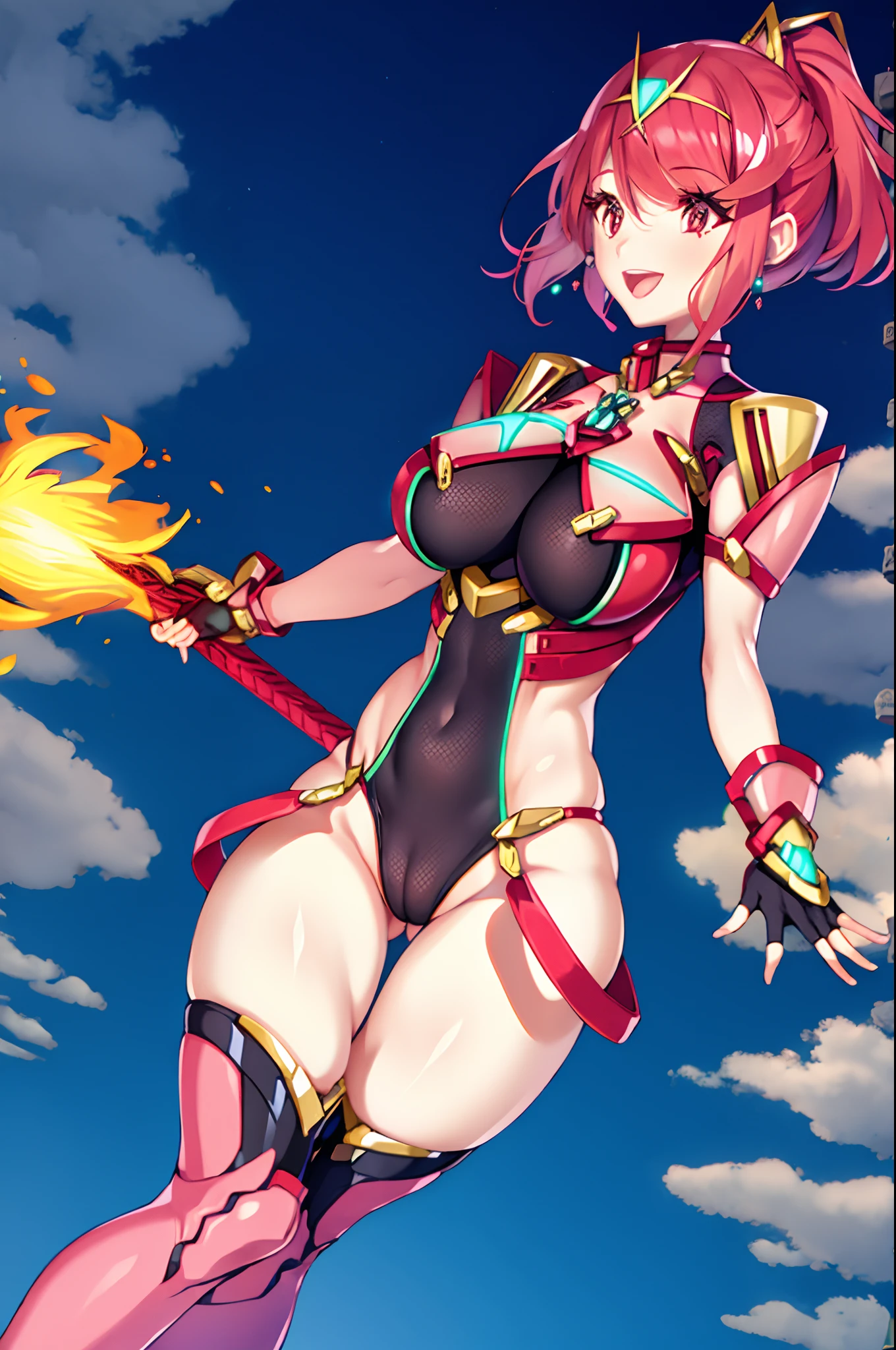 pyra \(xenoblade\), _1girl, lolings, black gloves, breasts, red eyes, shout, earrings, eyelashes, fingerless gloves, floating hair, , gem, gloves, hair ornament, headpiece, jewelry, big_breasts, leaning back, swimsuit, neon trim, official art, pose, red hair, saitou masatsugu, short hair, sidelocks, skin tight, solo, swept bangs, thighhighs, tiara, fantasy_town_background, underbust, xenoblade chronicles \(series\), (xenoblade chronicles 2), (spread_legs:1.1), fire_effect,dynamic_pose,fighting,light_smile, (plump:1.1), big_ass,huge_sword, hold_large_sword_hilt, covered_nipples, covered_pussy, fists,ponytail,beautiful_fingers,(solo:1.1), bare_shoulder,(shoulder_naked:1.2)