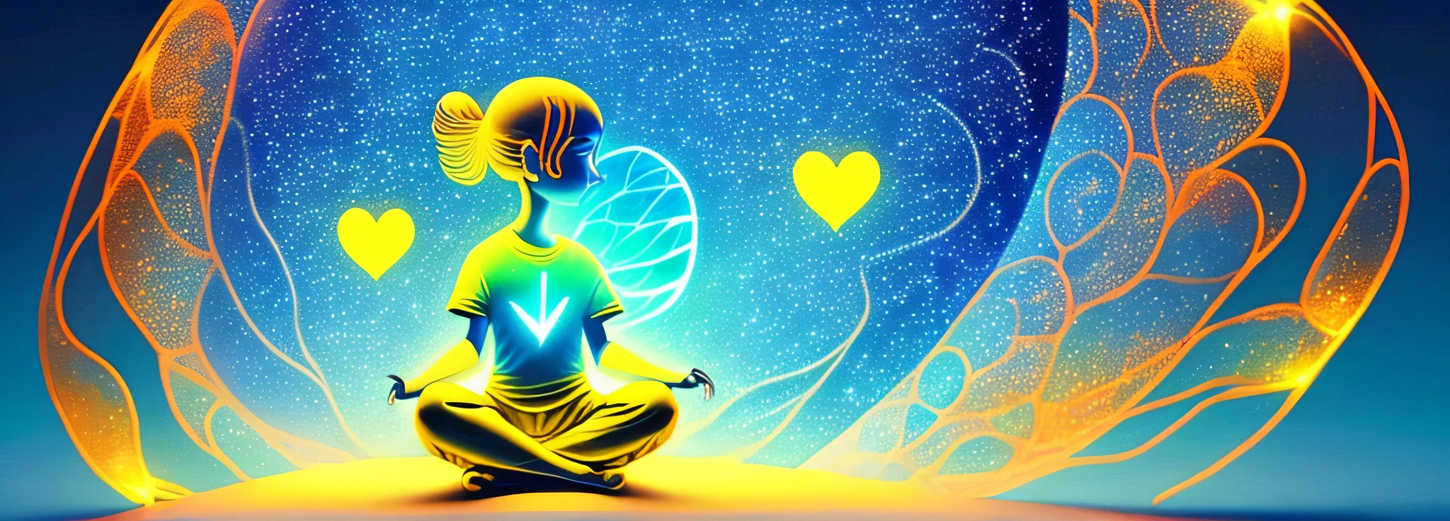 uma pessoa meditando, That person's brain is glowing golden, That person's heart is highlighted, Most colors are blue and white