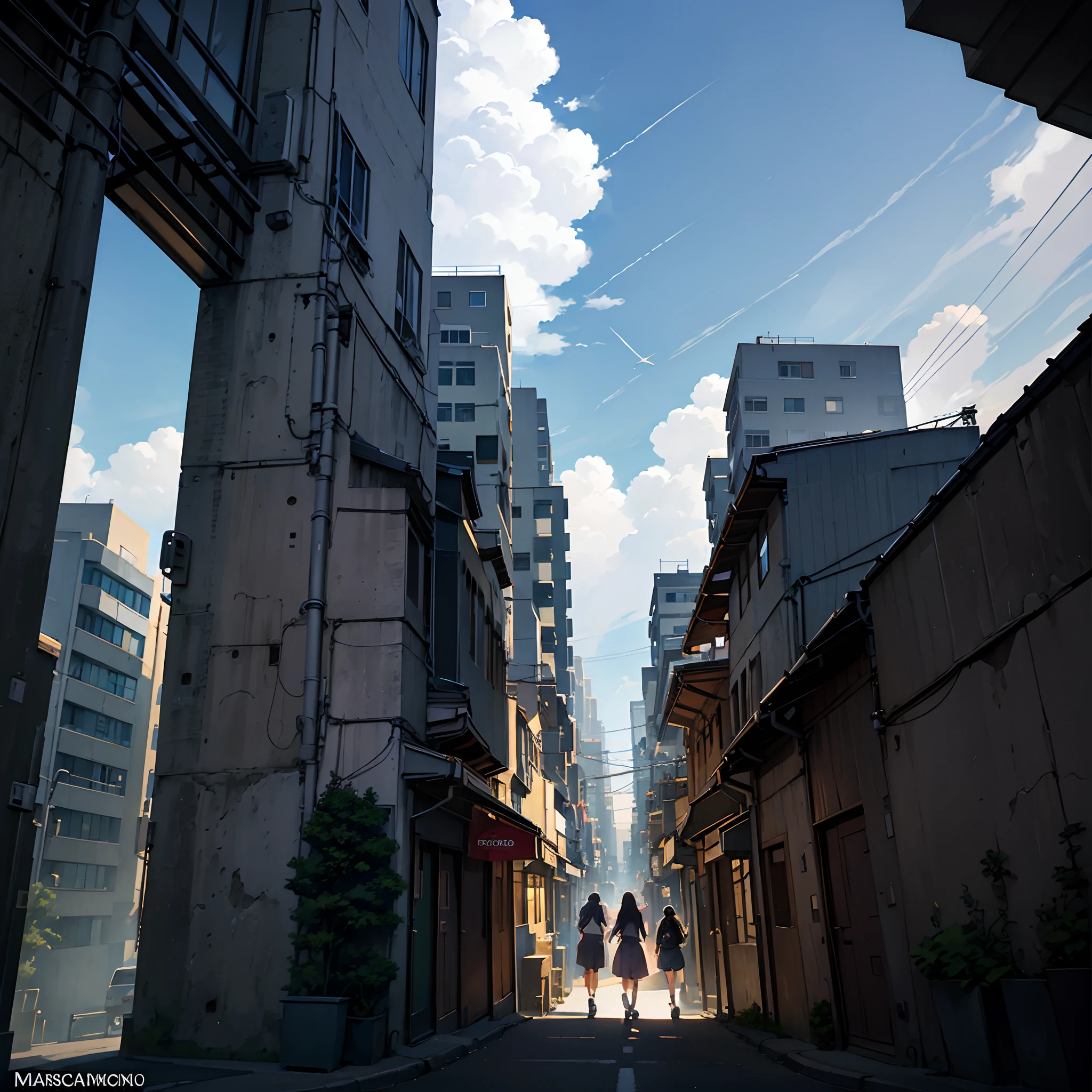 a painting of a city street with a cloudy sky, anime sky, anime clouds, anime scenery, anime landscape, beautiful anime scenery, anime background art, beautifull puffy clouds. anime, makoto shinkai cyril rolando, style of makoto shinkai, anime style cityscape, anime landscape wallpaper, beautiful anime scene, studio ghibli sky, amazing wallpaper --auto