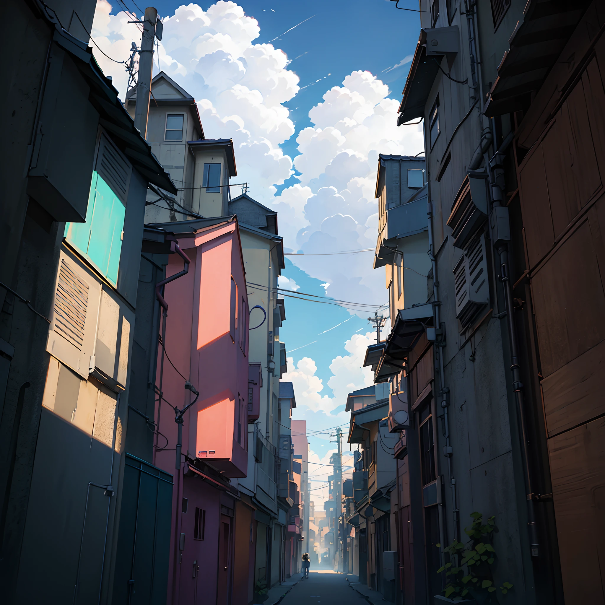 a painting of a city street with a cloudy sky, anime sky, anime clouds, anime scenery, anime landscape, beautiful anime scenery, anime background art, beautifull puffy clouds. anime, makoto shinkai cyril rolando, style of makoto shinkai, anime style cityscape, anime landscape wallpaper, beautiful anime scene, studio ghibli sky, amazing wallpaper --auto