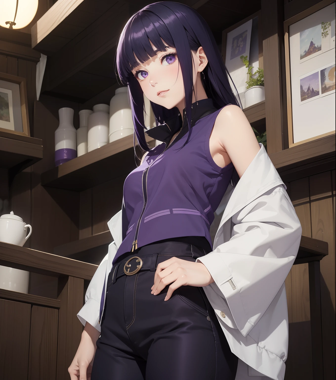 masterpiece, best quality, high resolution, fine detail, amazing and beautiful detail, different_images, 1 girl, purple sleeveless jacket, from below, dark blue hair,purple eyes, outer space, plants, black pants, konoha village symbol, purplish white eyes, Blunt Bangs