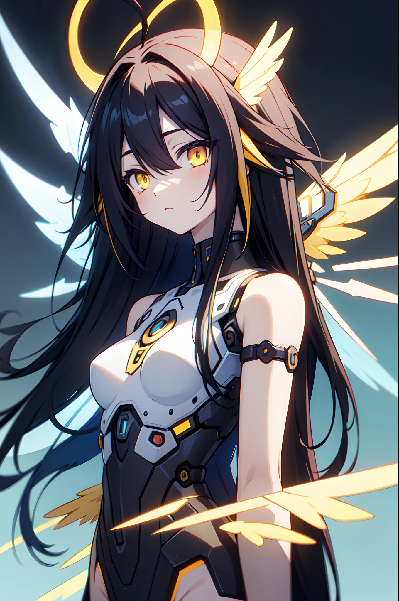 1girl, teen, solo, absurdly long hair, big hair, ahoge, hair bangs, spiked hair, messy hair, (black hair, yellow hair, blue hair, gradient hair:1.2), small breasts, yellow eyes, (exposed skin:1.3), mechanical body parts, (mechanical wings, asymmetrical wings), mechanical halo, naked, robot girl, pale skin, mechanical torso, looking at viewer, standing, (upper body, face only), masterpiece, best quality, 4k