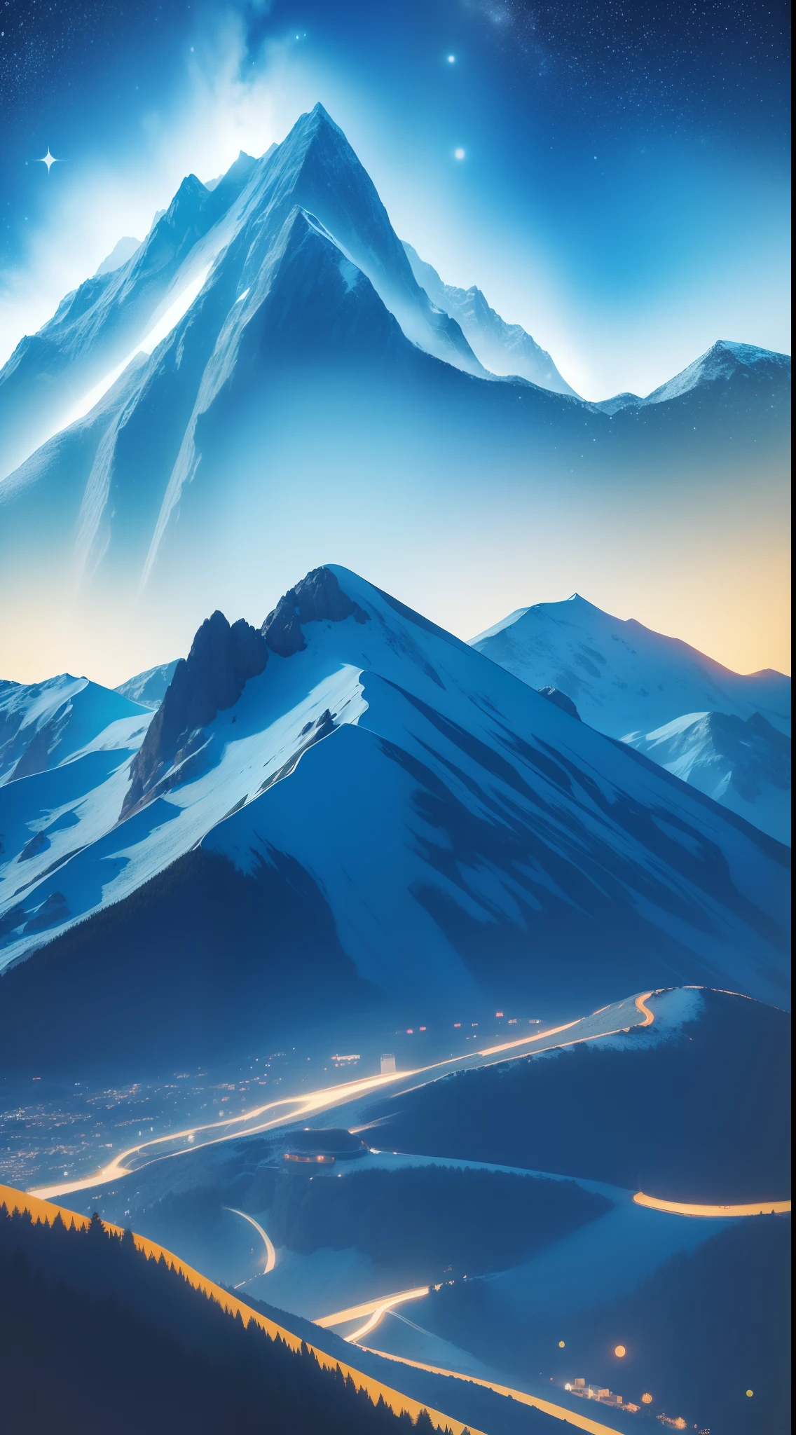 Samivel dessin vectoriel, Retro poster, vectoriel poster, Mountain vector retro poster, starry night sky, montagne des Alpes, Inspired by Samivel. couleur pastel, couleur douce