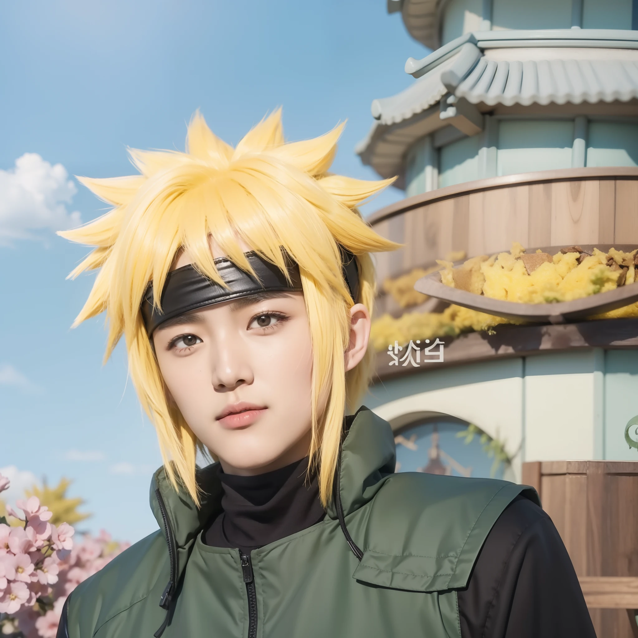 Real life adaption of this character , Korean handsome man ,realistic yellow messy hairstyle,realistic same outfit,hyper realistic,realism,realistic light,realistic shadow(photorealistic:1.2),plate headband