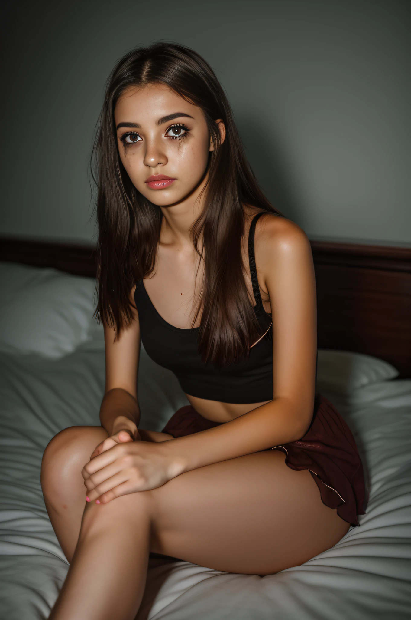 (realistic, photo-realistic:1.37), (8k, RAW photo, best quality, masterpiece:1.1), (whole body, full body, legs crossed), 15 years old girl, young, teen, ****ta, bad girl, baddie, eyeliner, mascara, tears, ruined makeup, messy brown hair, sexy look on the camera, sitting on the bed, sharp flash, bad flash, bright flash, low lights, night, in the dark, dark background