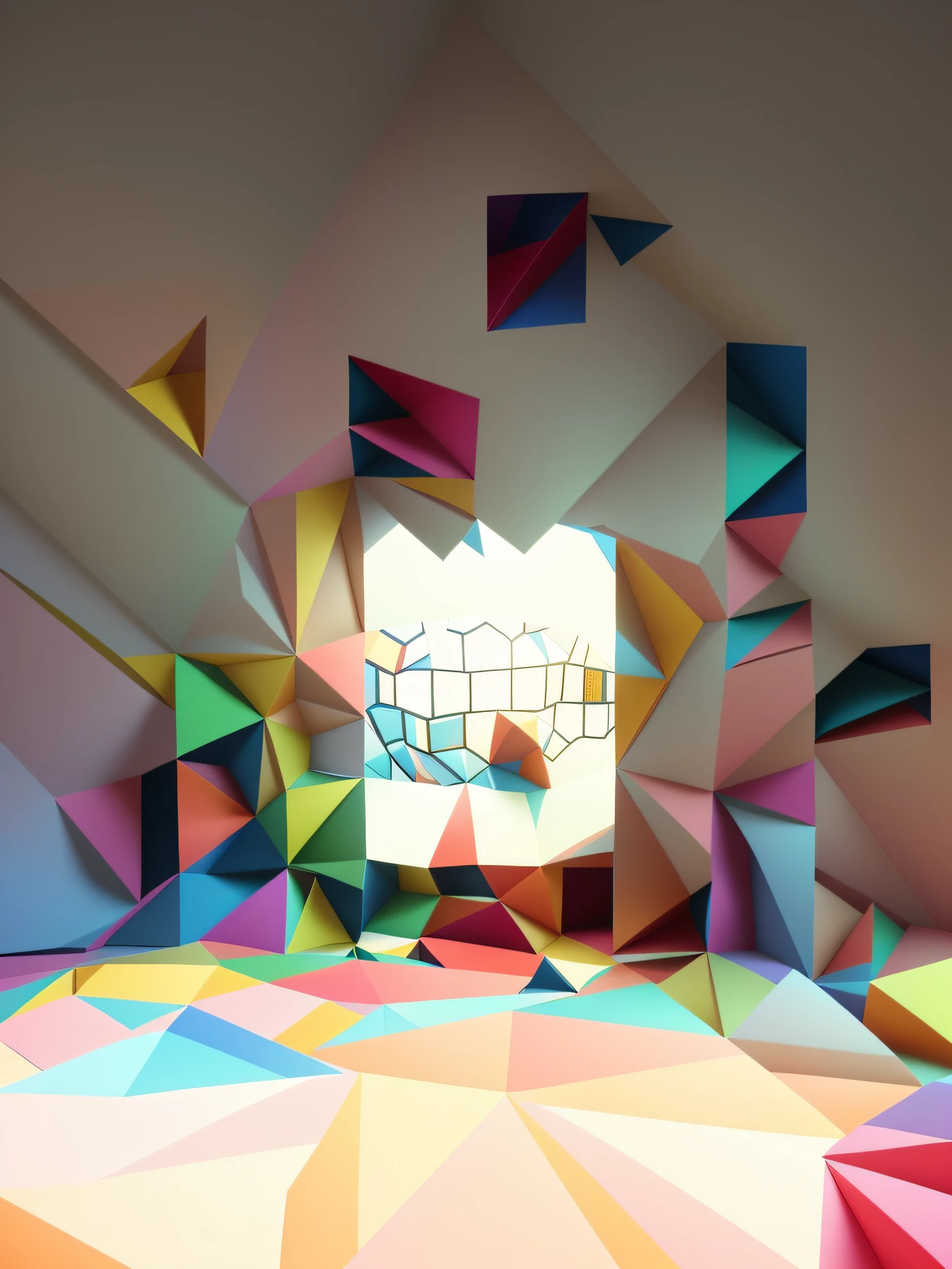 brightly colored geometric room with a bright light coming through the window, low-poly digital art, low polygons illustration, low poly style, low poly graphics, low-poly, low - poly, 3d illustration, 3 d illustration, in style of 3d render, geometric 3 d render, geometric 3d render, colorful flat surreal, psychedelic triangular skeleton