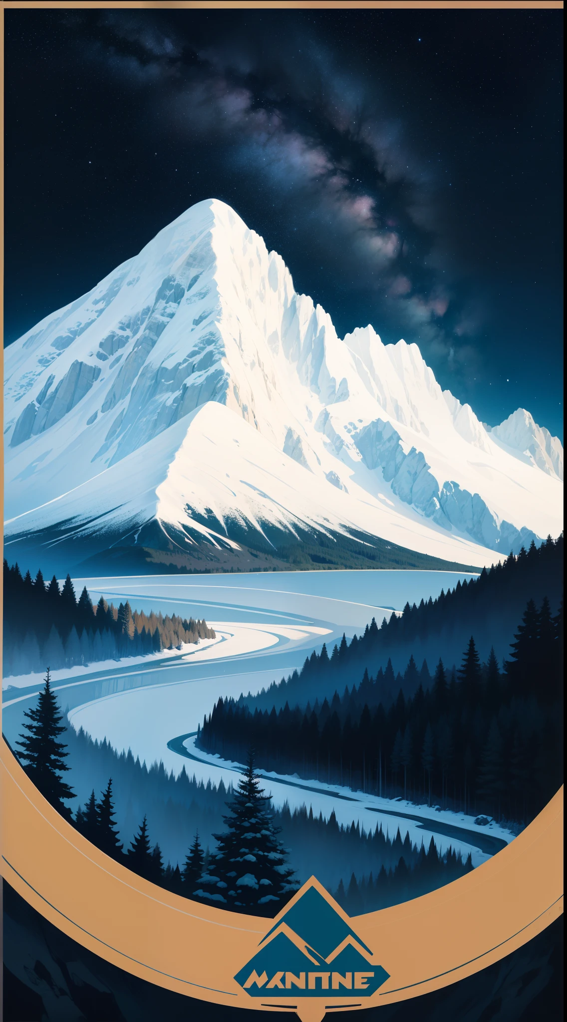 Samivel dessin vectoriel, Retro poster, vectoriel poster, Mountain vector retro poster, starry night sky, montagne des Alpes, Inspired by Samivel. couleur pastel, couleur douce