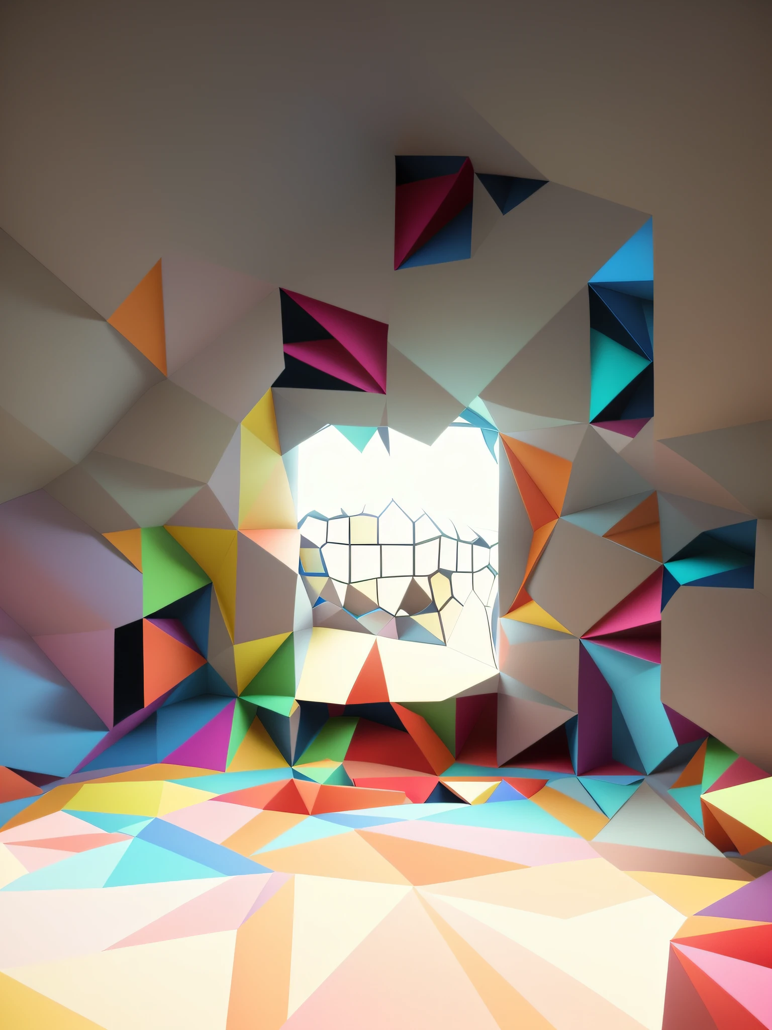 brightly colored geometric room with a bright light coming through the window, low-poly digital art, low polygons illustration, low poly style, low poly graphics, low-poly, low - poly, 3d illustration, 3 d illustration, in style of 3d render, geometric 3 d render, geometric 3d render, colorful flat surreal, psychedelic triangular skeleton
