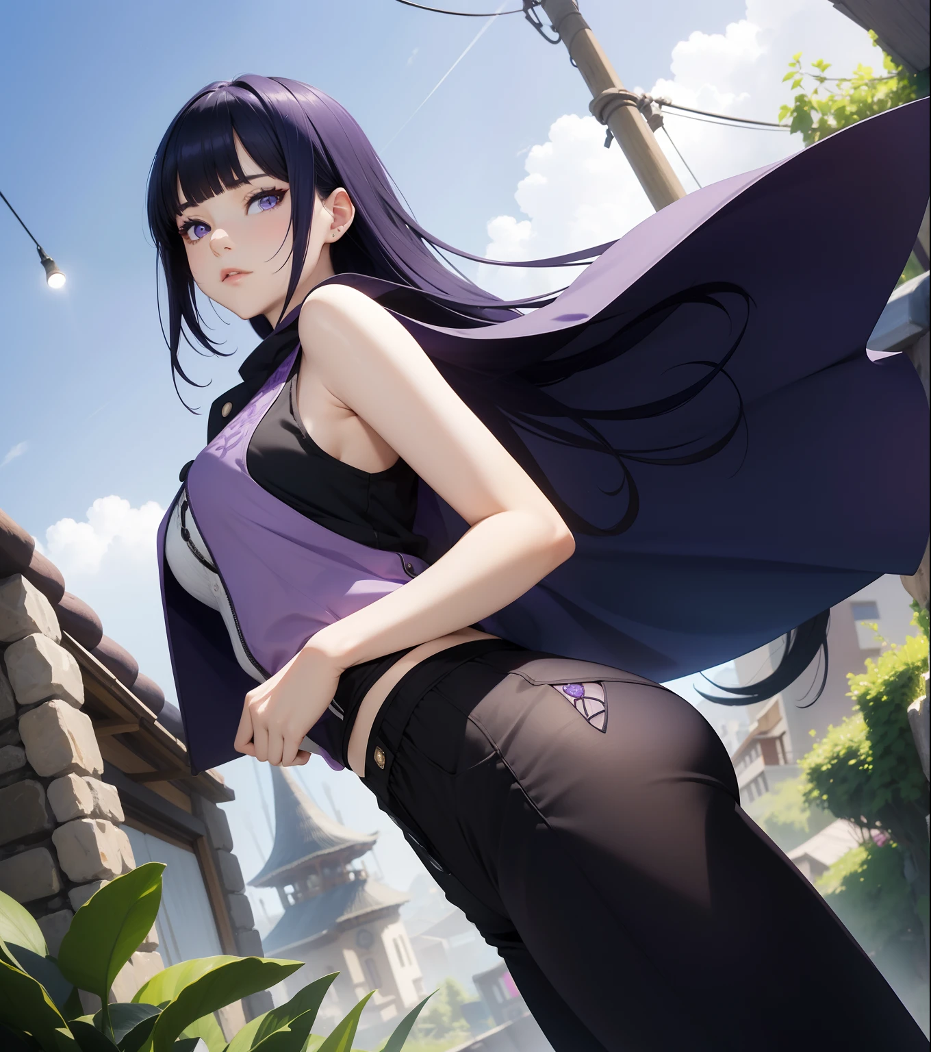 masterpiece, best quality, high resolution, fine detail, amazing and beautiful detail, different_images, 1 girl, purple sleeveless jacket, from below, dark blue hair,purple eyes, outer space, plants, black pants, konoha village symbol, purplish white eyes, Blunt Bangs
