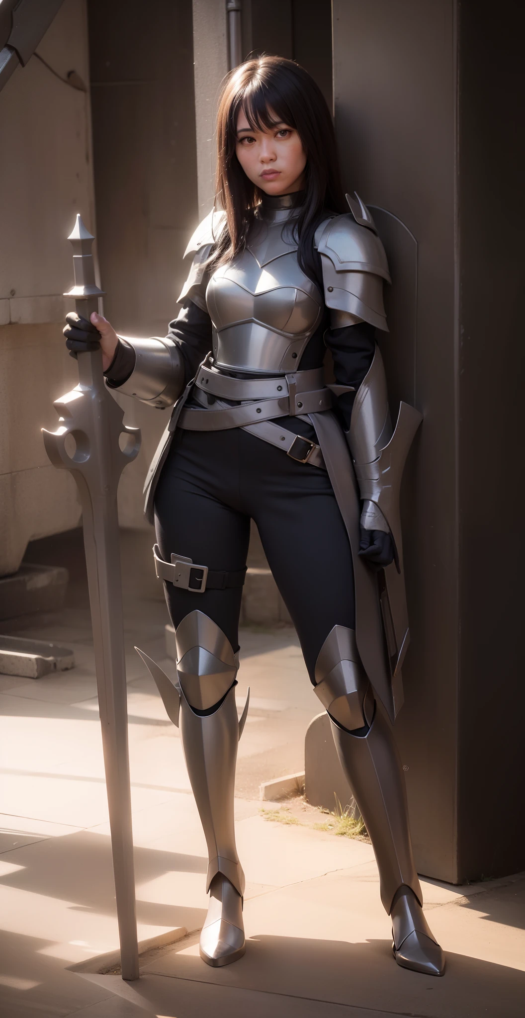 Pretty women, 20yr old,a woman in armor,Solo,Ukrainian,Black Armor,high heels boots,Full body portrait,Woman knight,Slender body,The sword,cloaks,Perfect face and nice perfect face, Surreal concept, 8K resolution, photographic quality, Walk through the ruins, Photorealistic