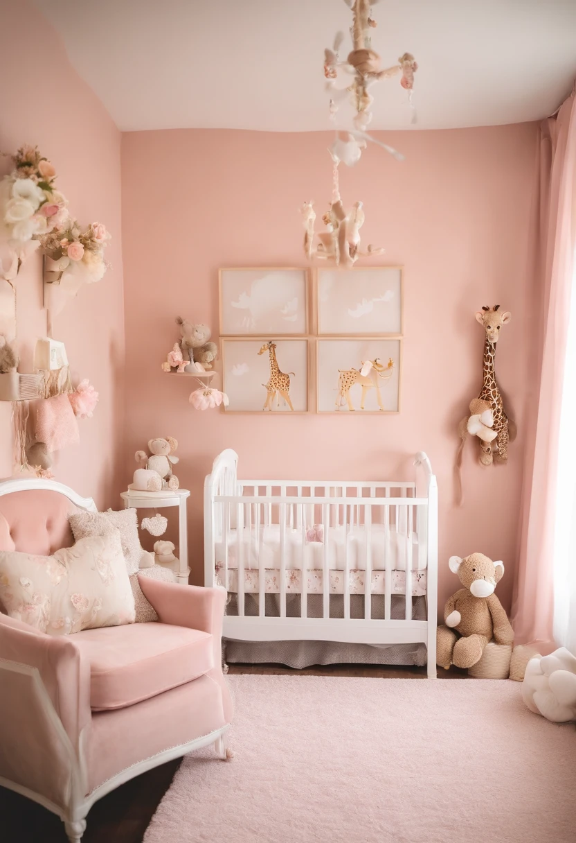 room, pink, safari theme decoration, lion, giraffe, elephant, a lot of baby romper on a hanger