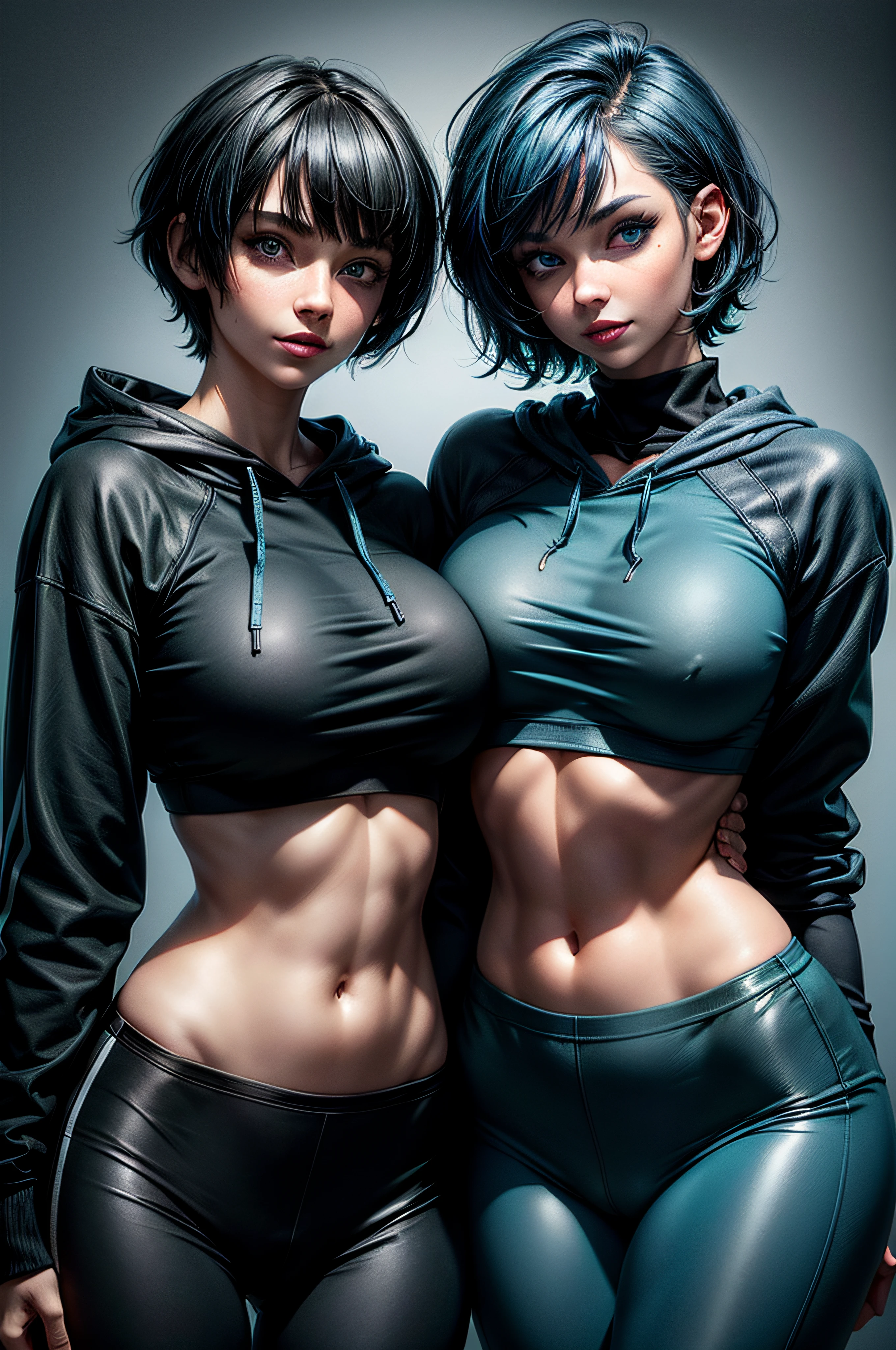 2girls, kissing, green eyes, smiley, black hair, blue gradient hair, short hair, cropped hoodie underboob cut, blue leggings, skinny waist:1.3, huge breasts, huge hip, navel, underboob cut hoodie(detailed face:1.2), (detailed eyes:1.2), (plain color background), white wall