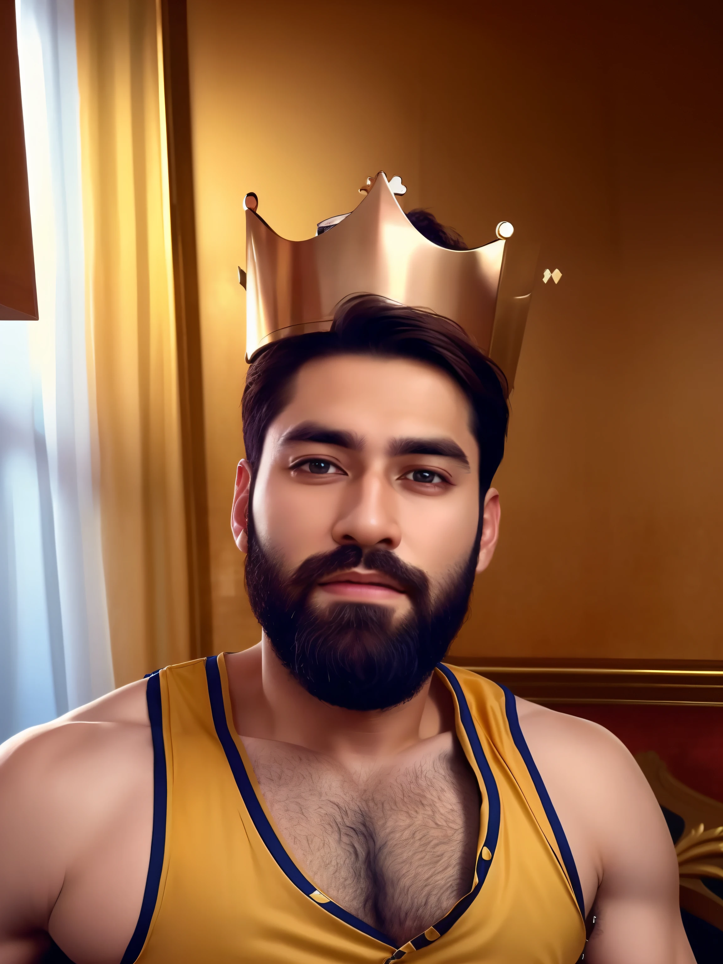 Men with beard , in blazer , realistic face 4k hd , royal king with crown on head, outfit should be royal cloths jacket