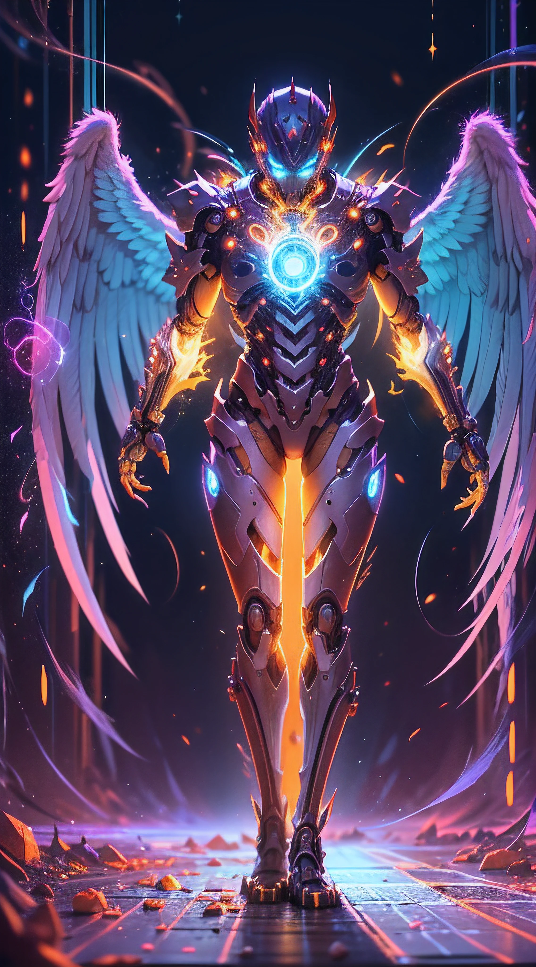 Cosmic Fallen Angel, glowing light eyes, Biomechanical, eerie, Creepy, nightmarish, Very bright colors, Light particles, with light glowing, Mshiff, wallpaper art, UHD wallpaper