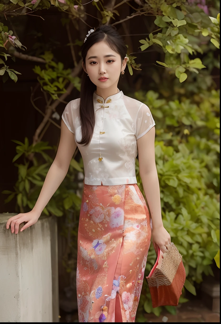 arafed asian woman in a floral skirt and a white blouse, in style of lam manh, traditional beauty, traditional chinese, traditional chinese clothing, cheongsam, dilraba dilmurat, chinese style, in style of thawan duchanee, sukhothai costume, ruan jia beautiful!, chinese girl, chinese dress, inspired by Lan Ying